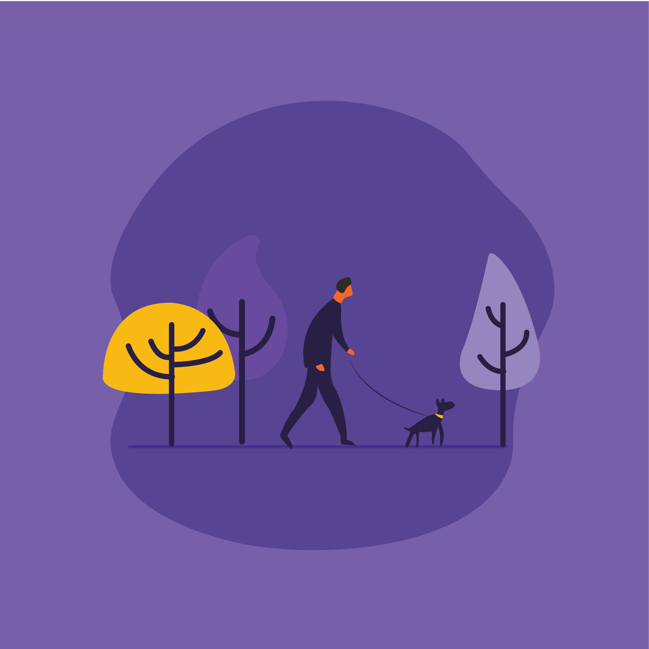 A person walking a dog on a leash in a park setting with trees on a purple background.