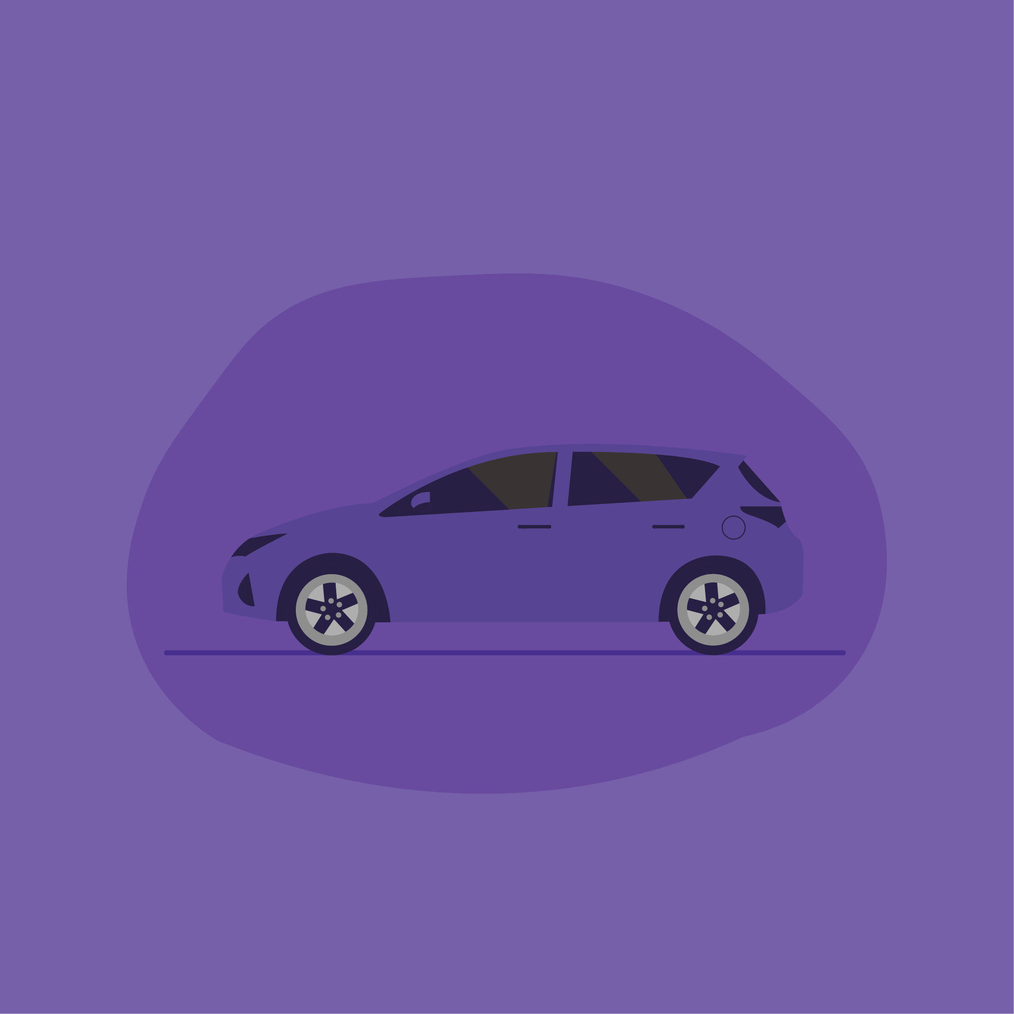 Purple hatchback car illustration on a purple background.