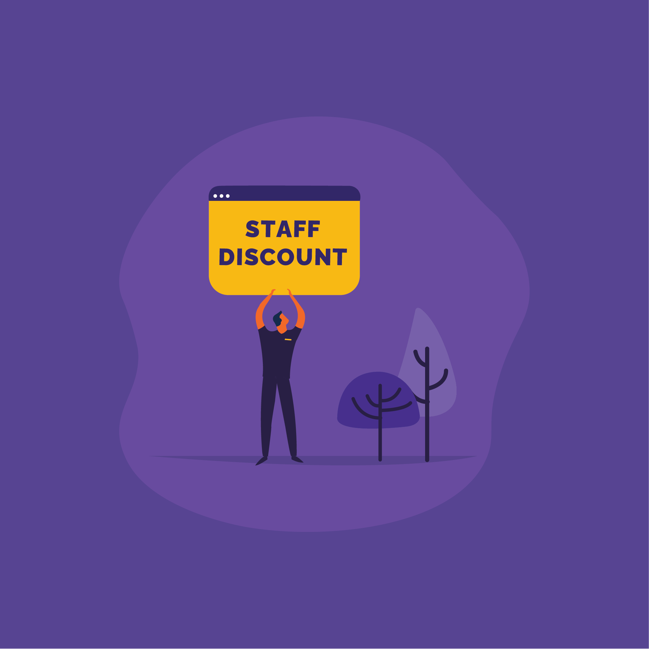 Man holding a sign that says "Staff Discount" on a purple background.