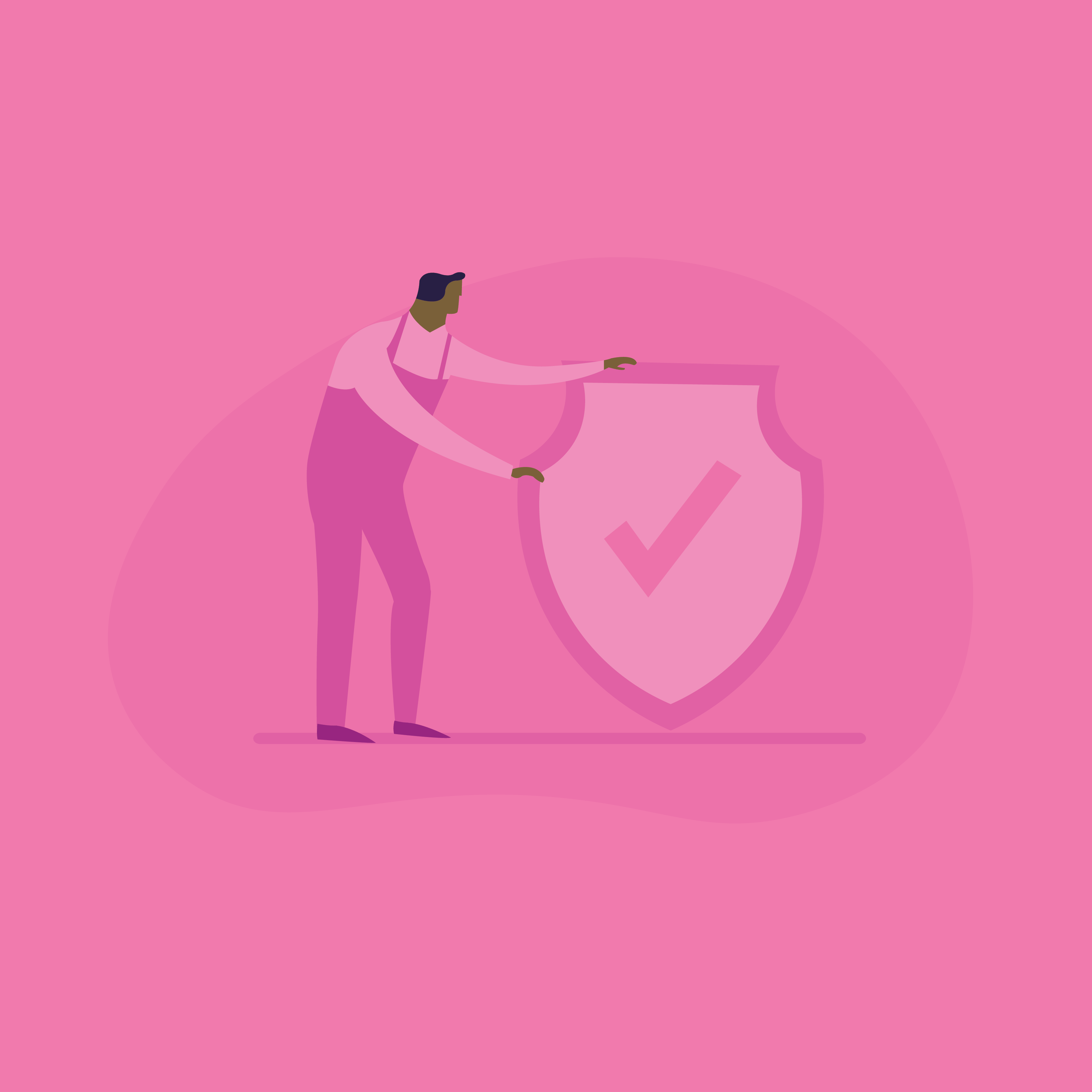 Person holding a shield with a checkmark. Pink background.