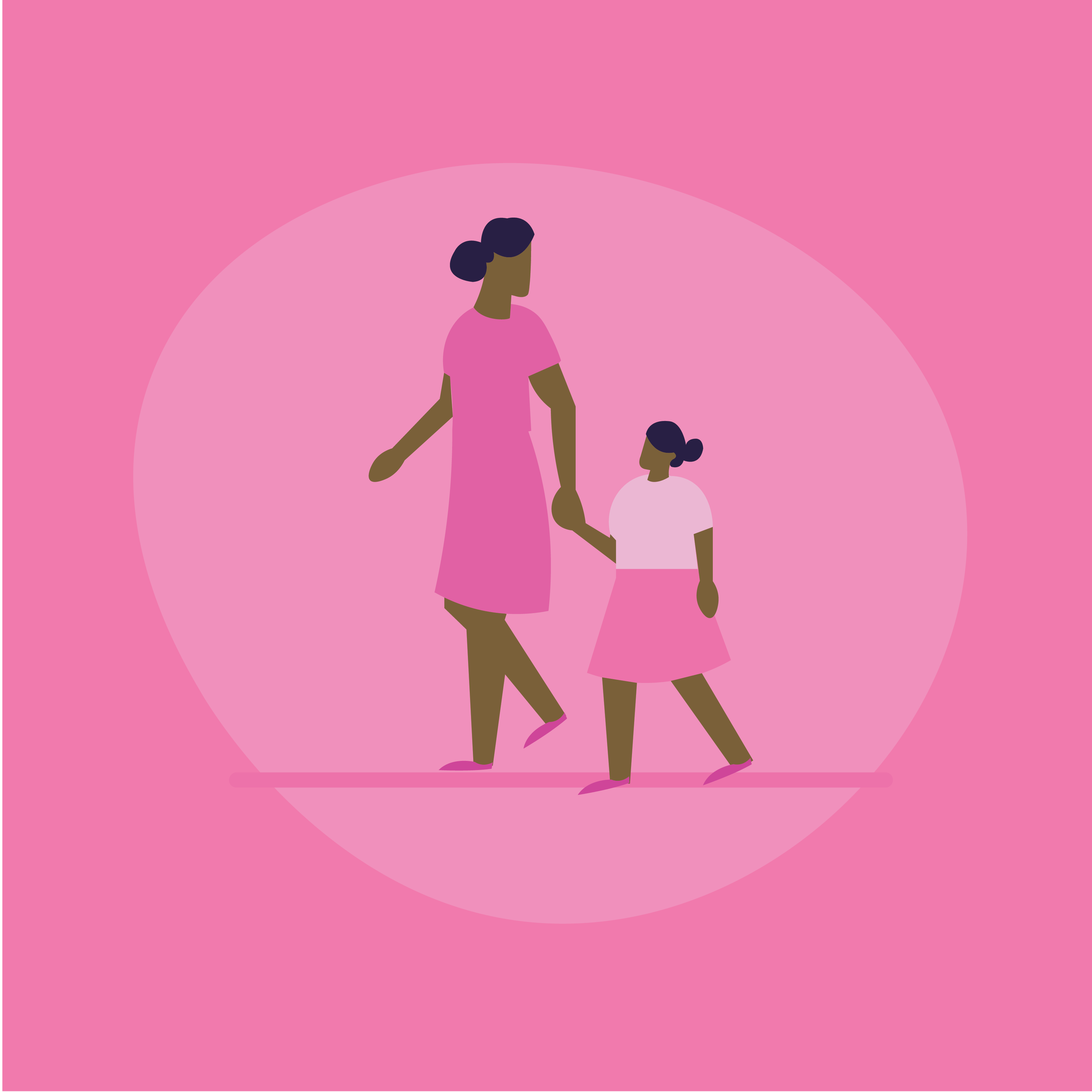 Woman and child walking, holding hands, pink background.