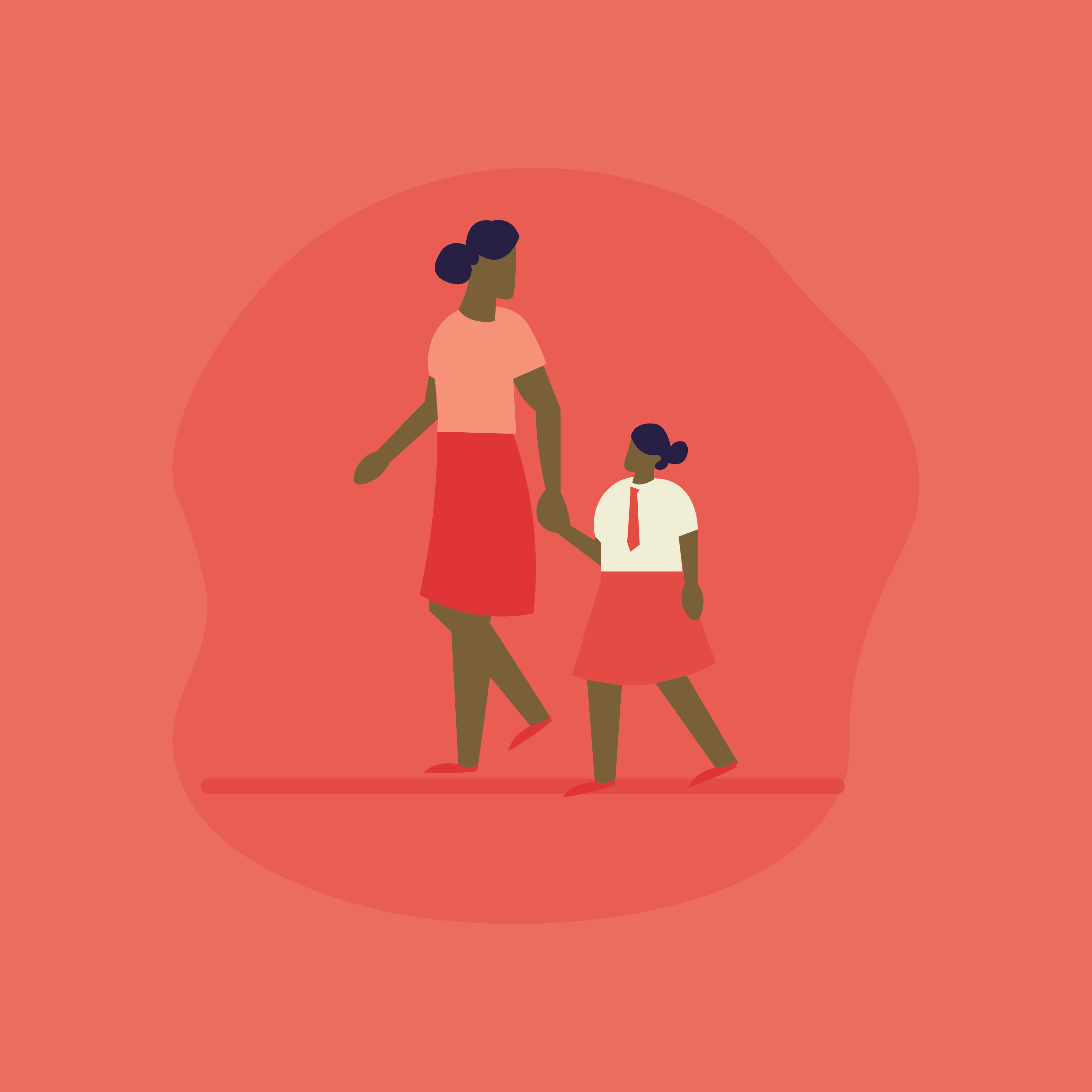 A woman holding a girl's hand, walking on a red background.