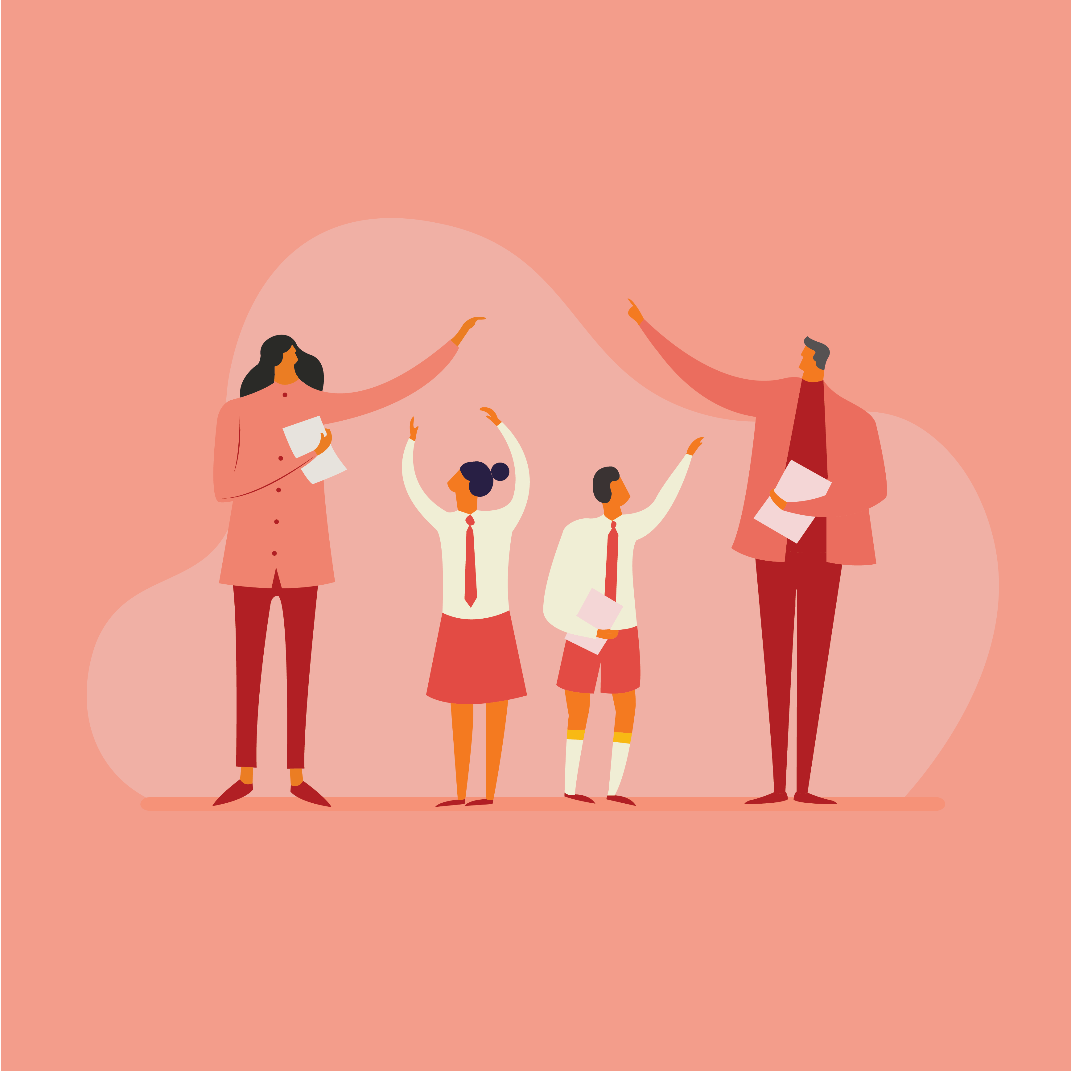 People with hands raised, pointing to something.