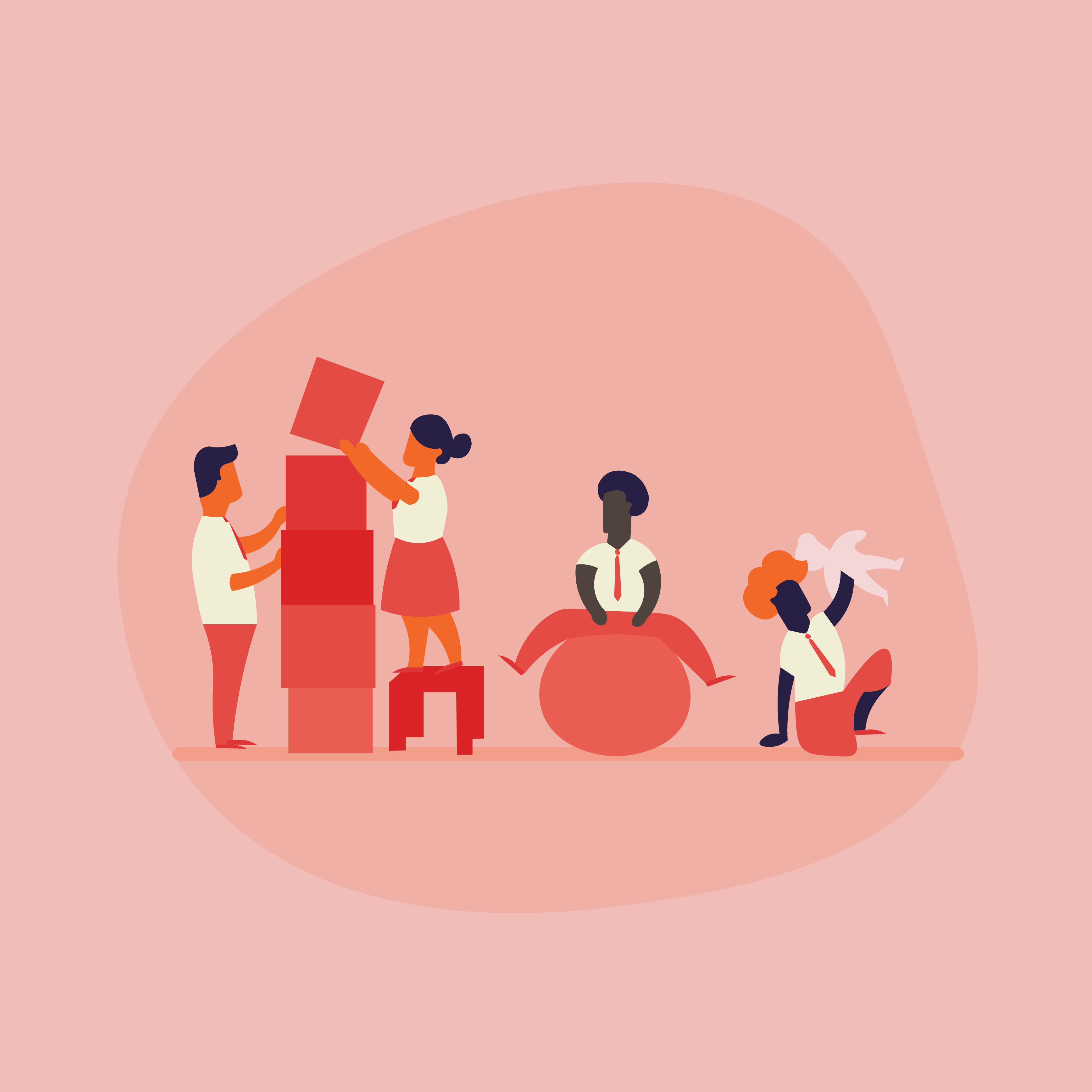 People building blocks, sitting on a ball, holding a child.