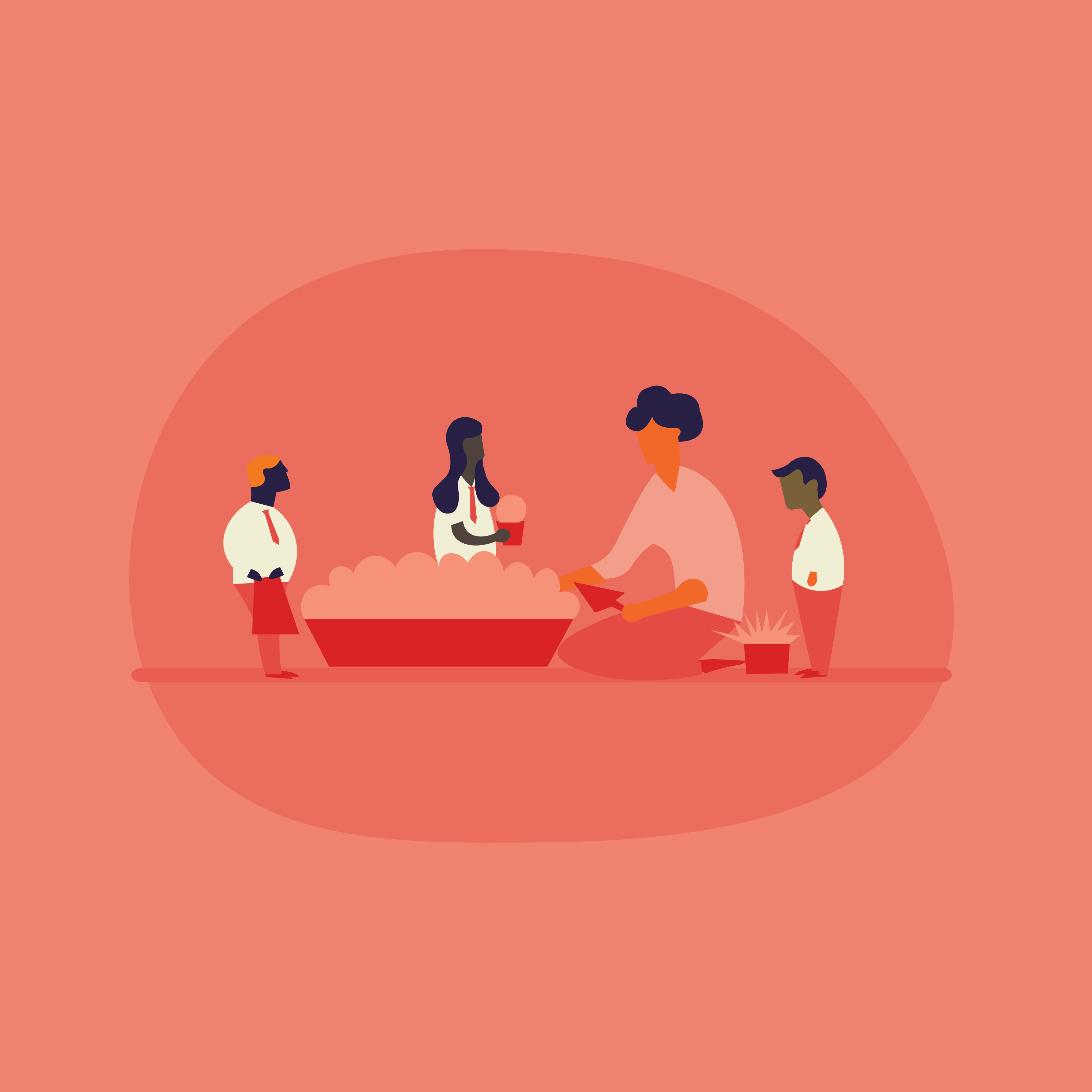 Illustration of a teacher with children around a table.