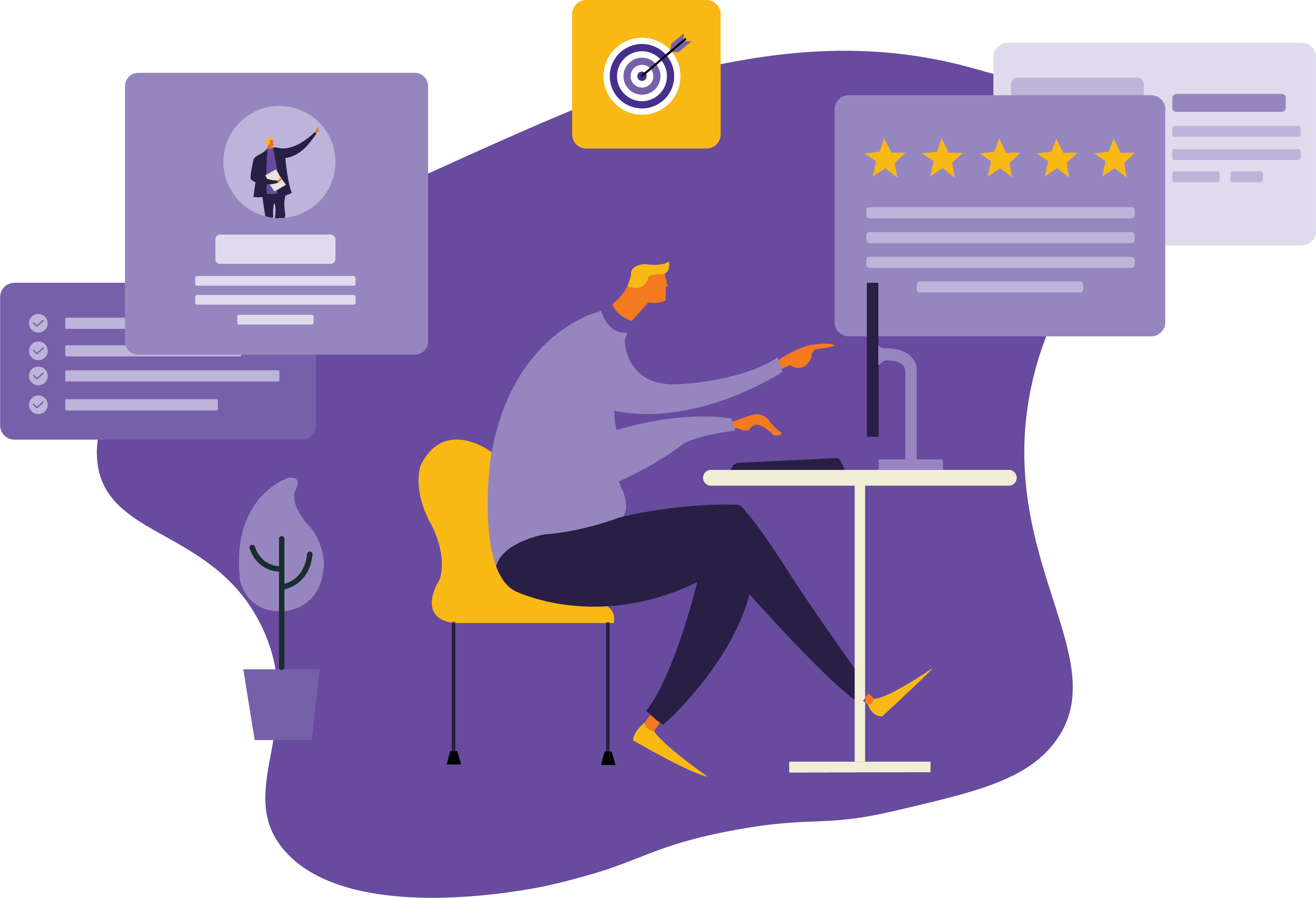 Person working on a computer with a target and check marks.