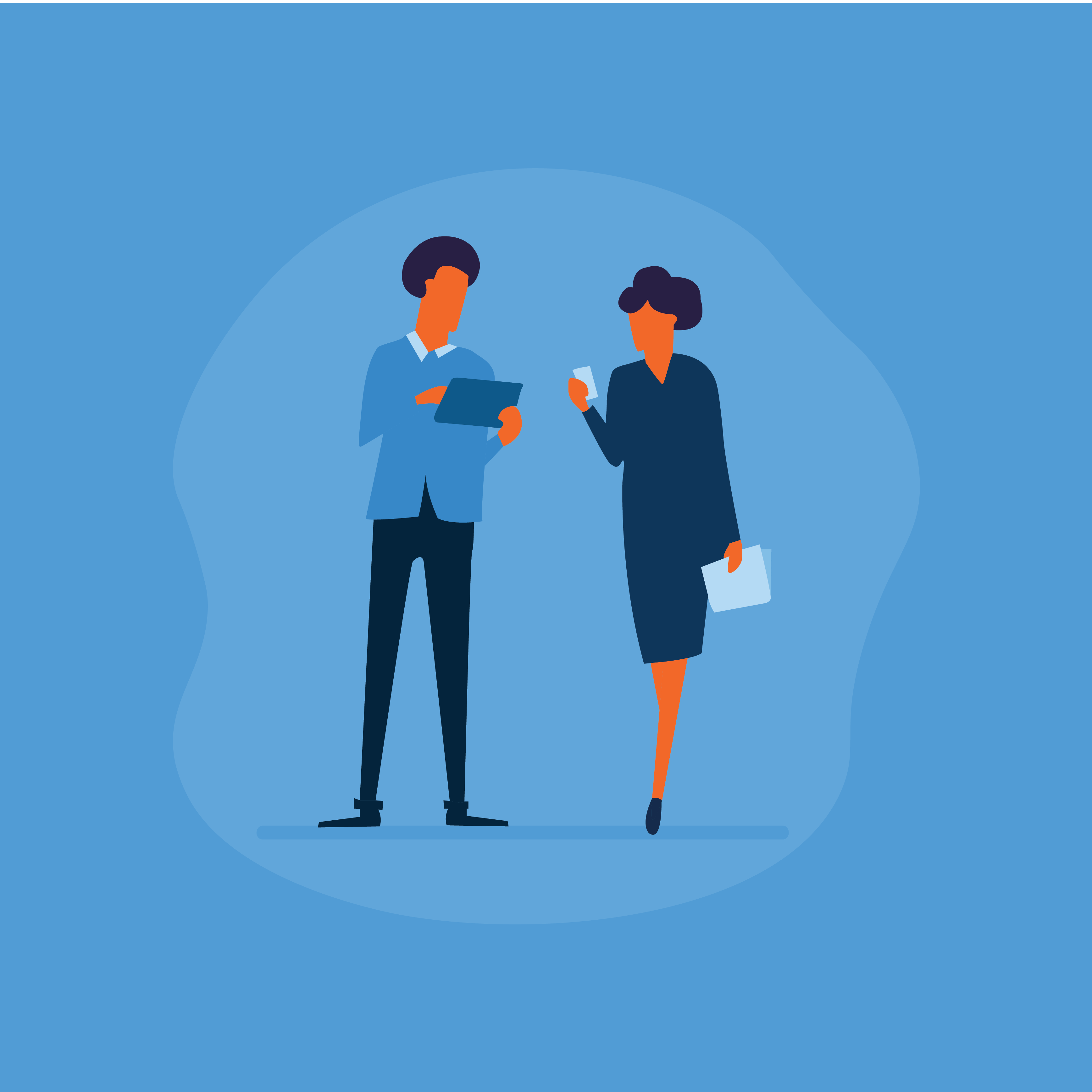 Illustration of two business people talking, possibly discussing revenue and benefits.