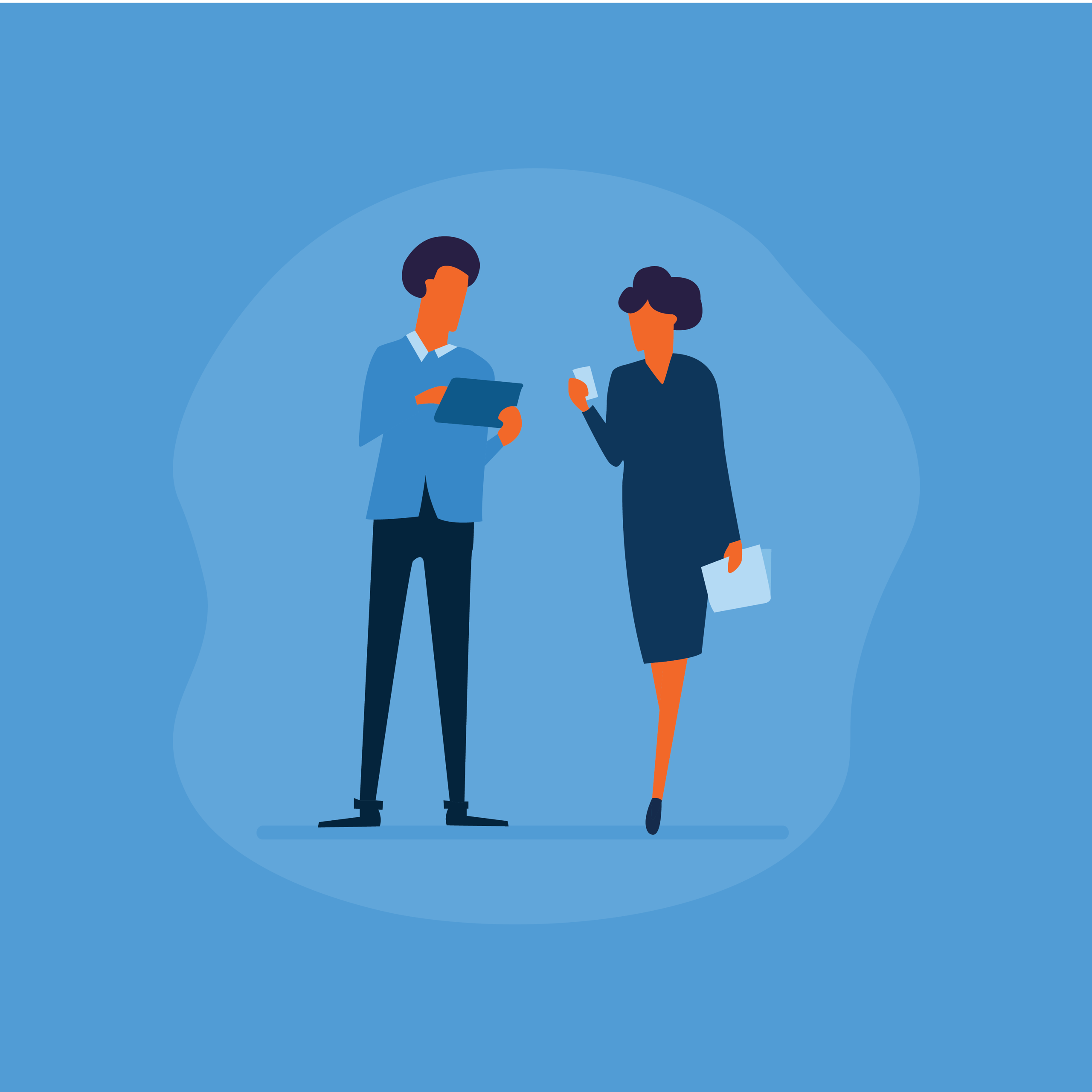 Illustration of two business people talking, possibly discussing revenue and benefits.