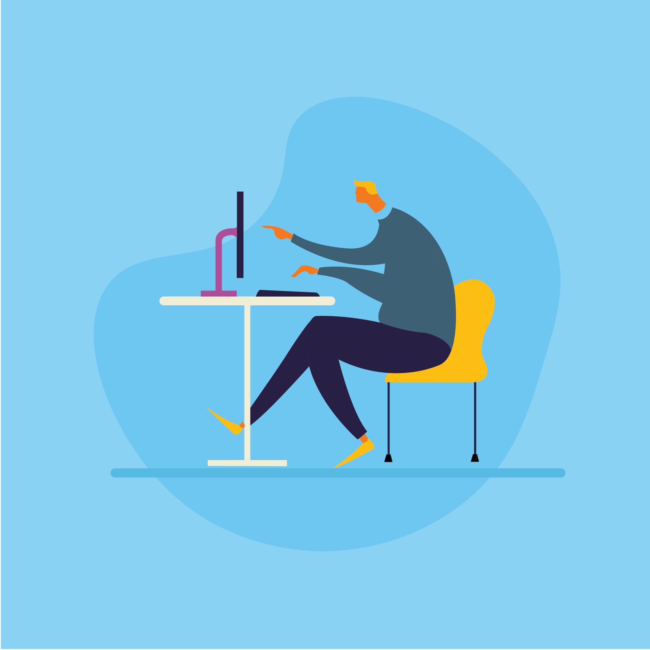 Man sitting at desk using computer on blue background.