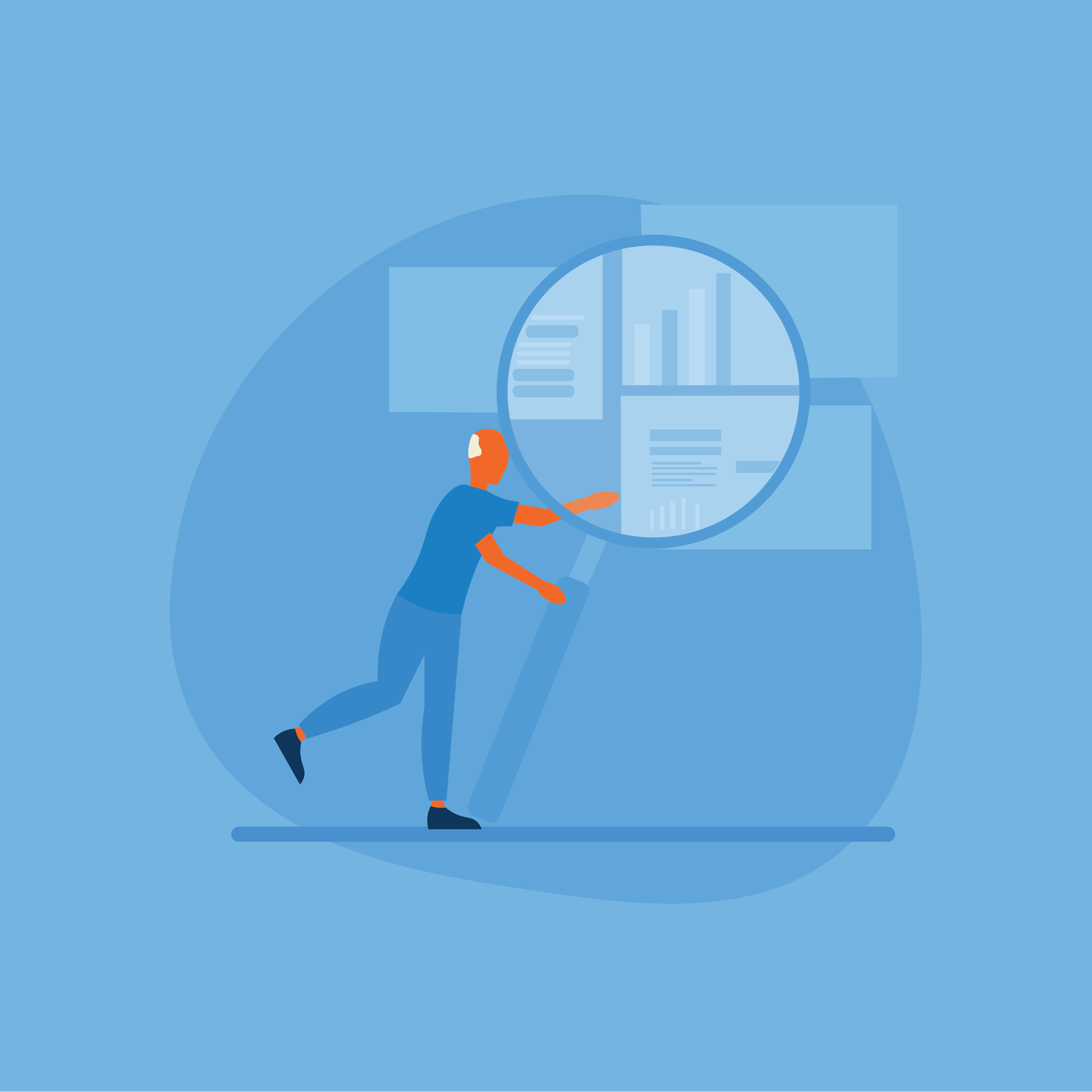 Person using a magnifying glass to review data and research.