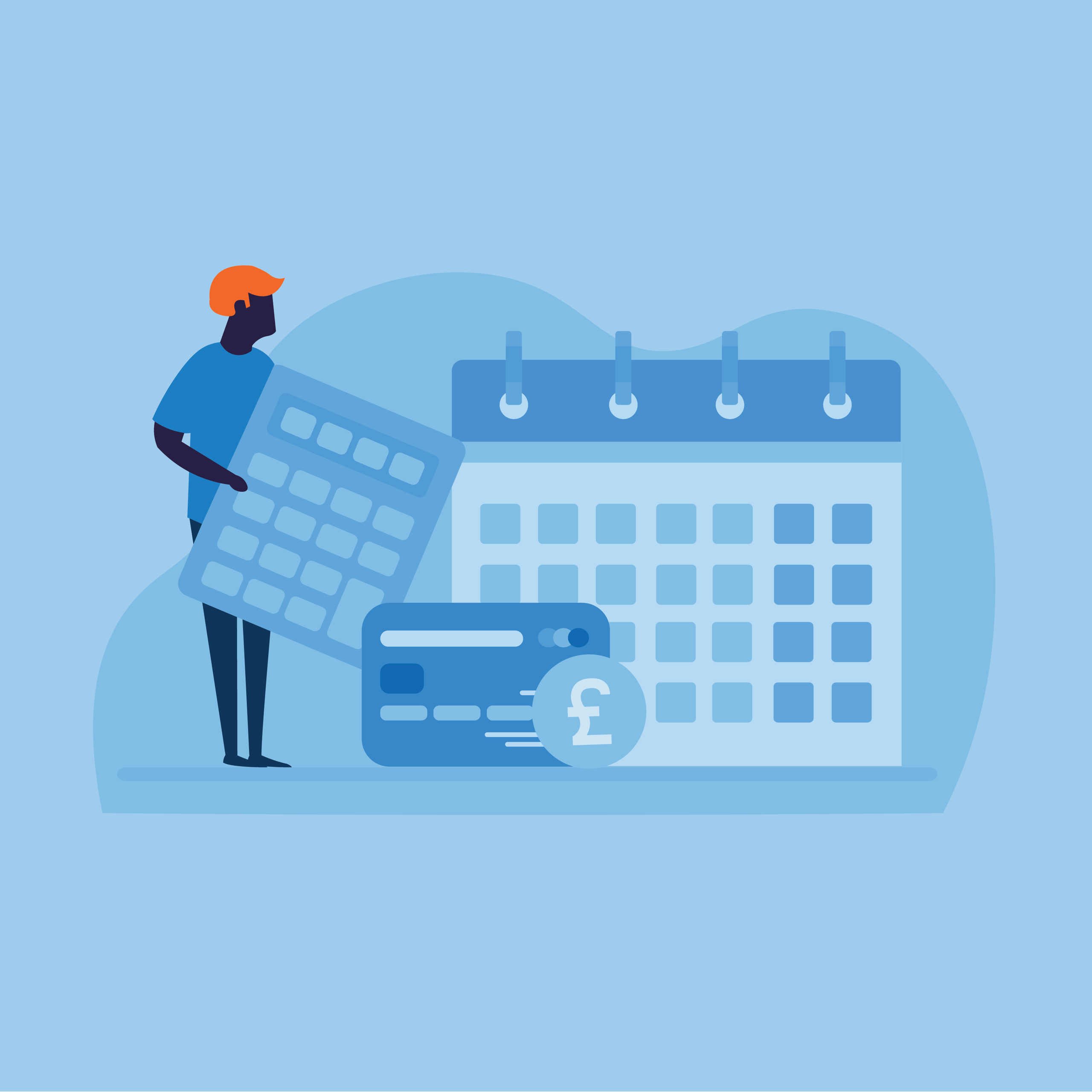 Person with calculator, calendar, credit card, and pound symbol.