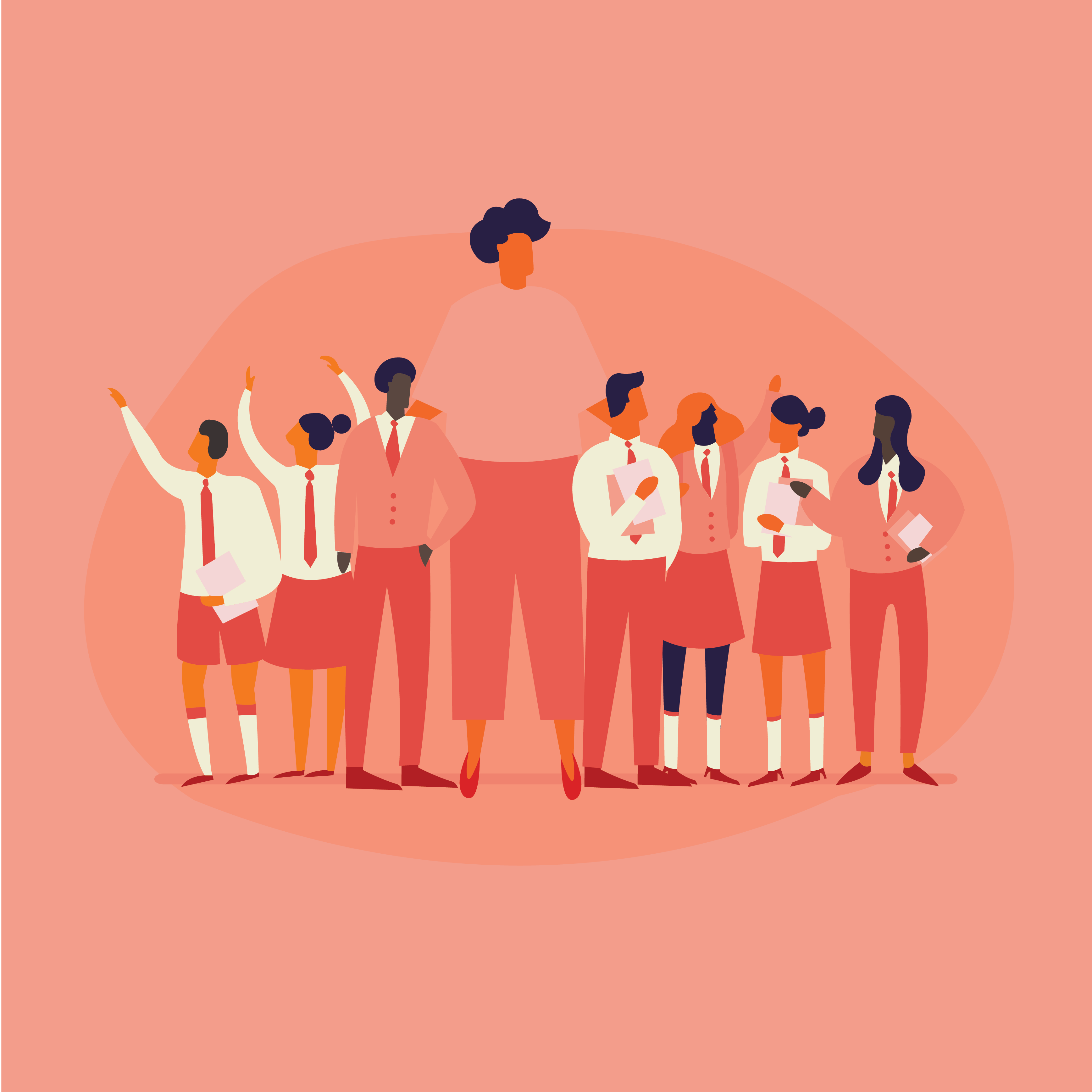 Group of people in similar uniforms on a pink background.