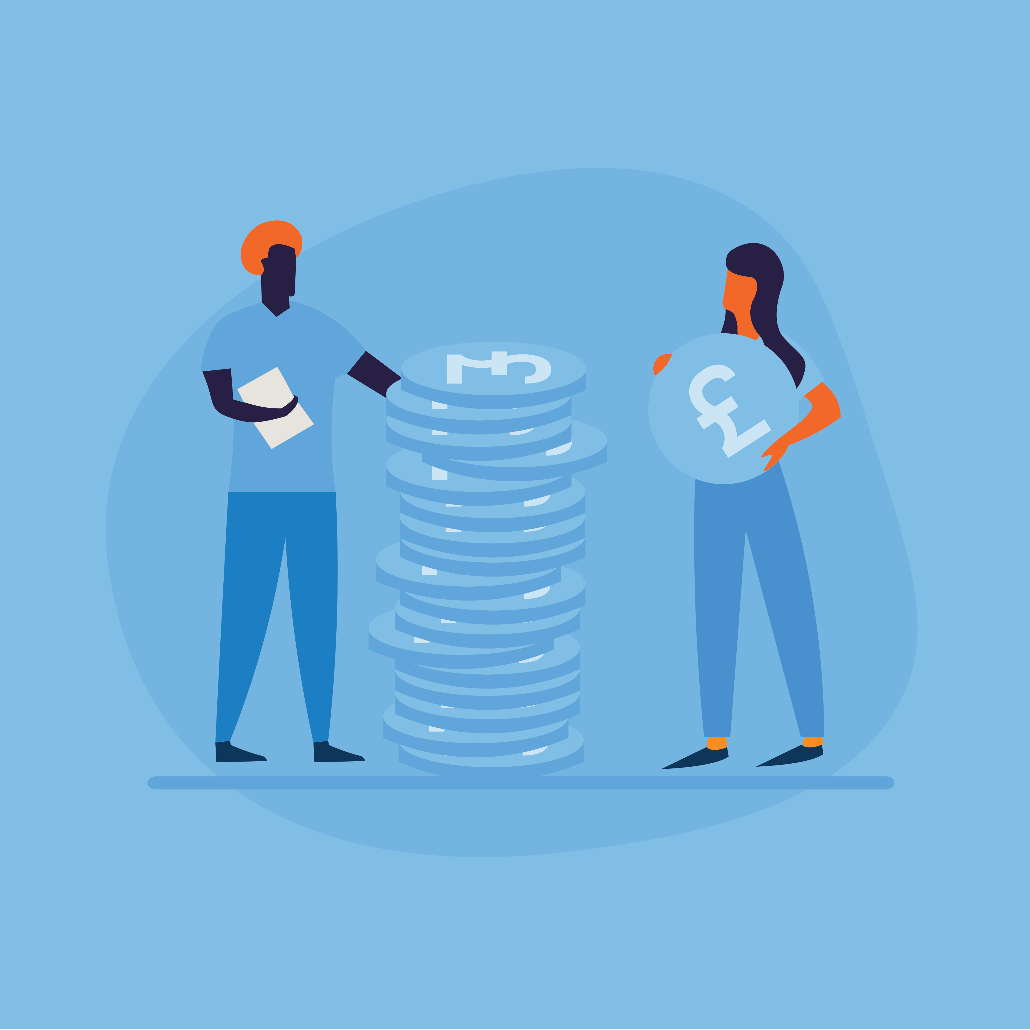 Two people with large coins stacked and a document, money concept.