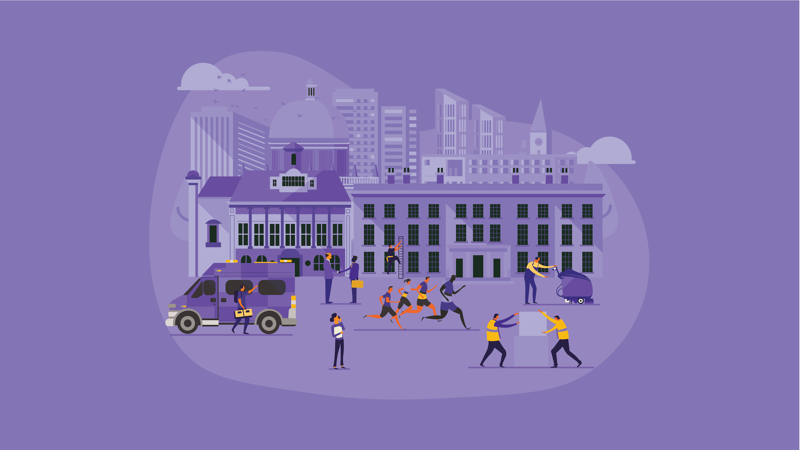 People, buildings, and a van in a purple cityscape.