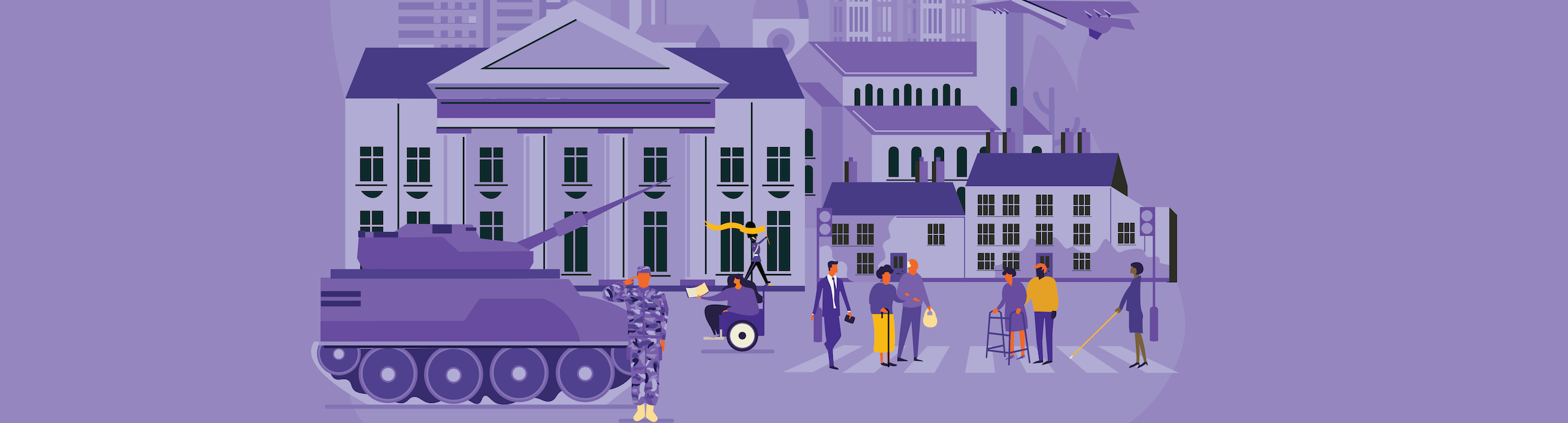 Cityscape with people, aircraft and military vehicles.