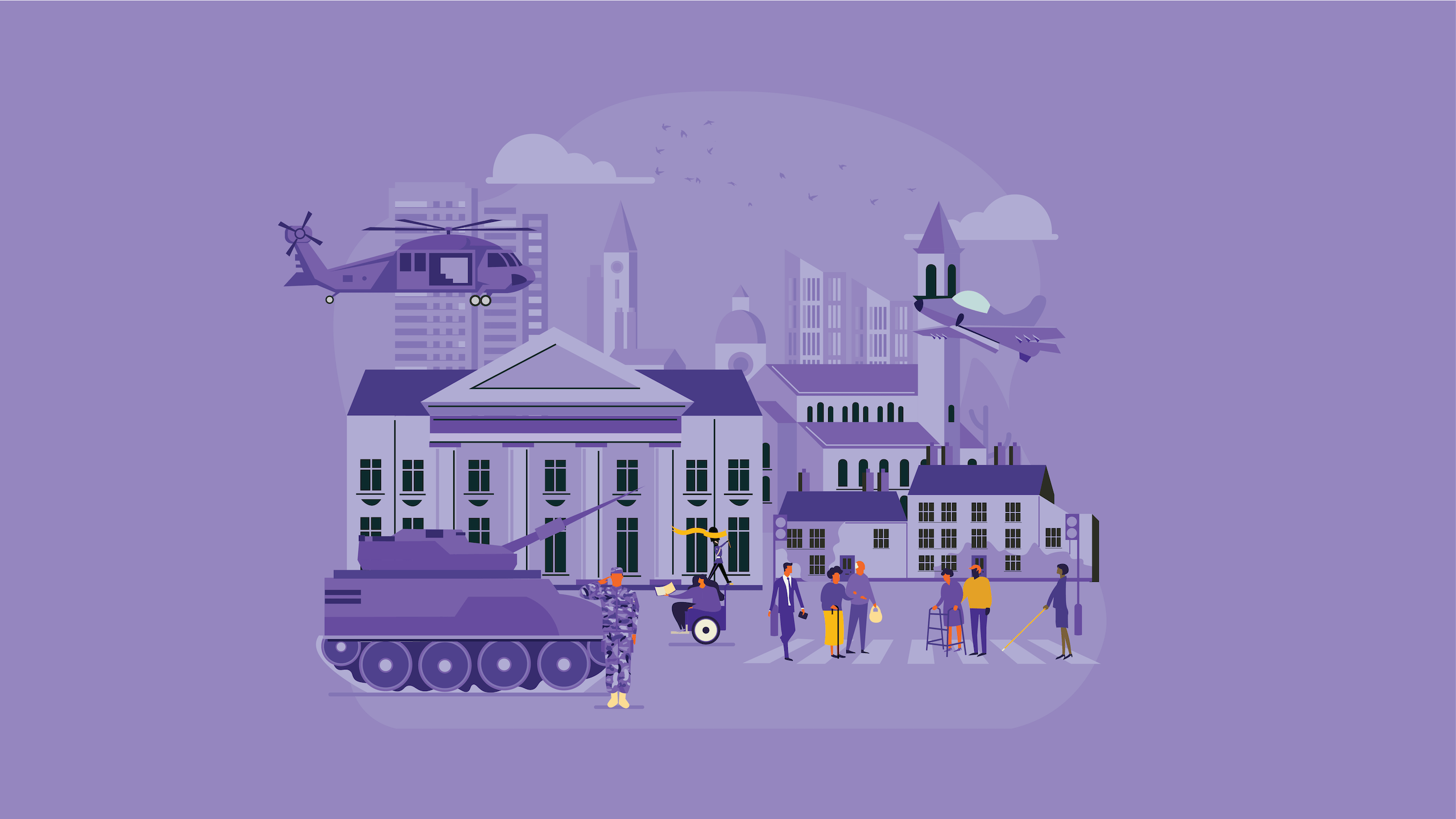 Cityscape with people, aircraft and military vehicles.