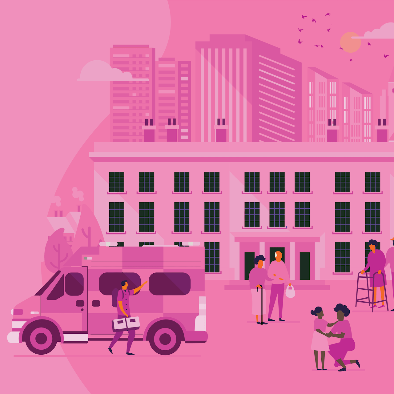People outside a building with healthcare and transport services.