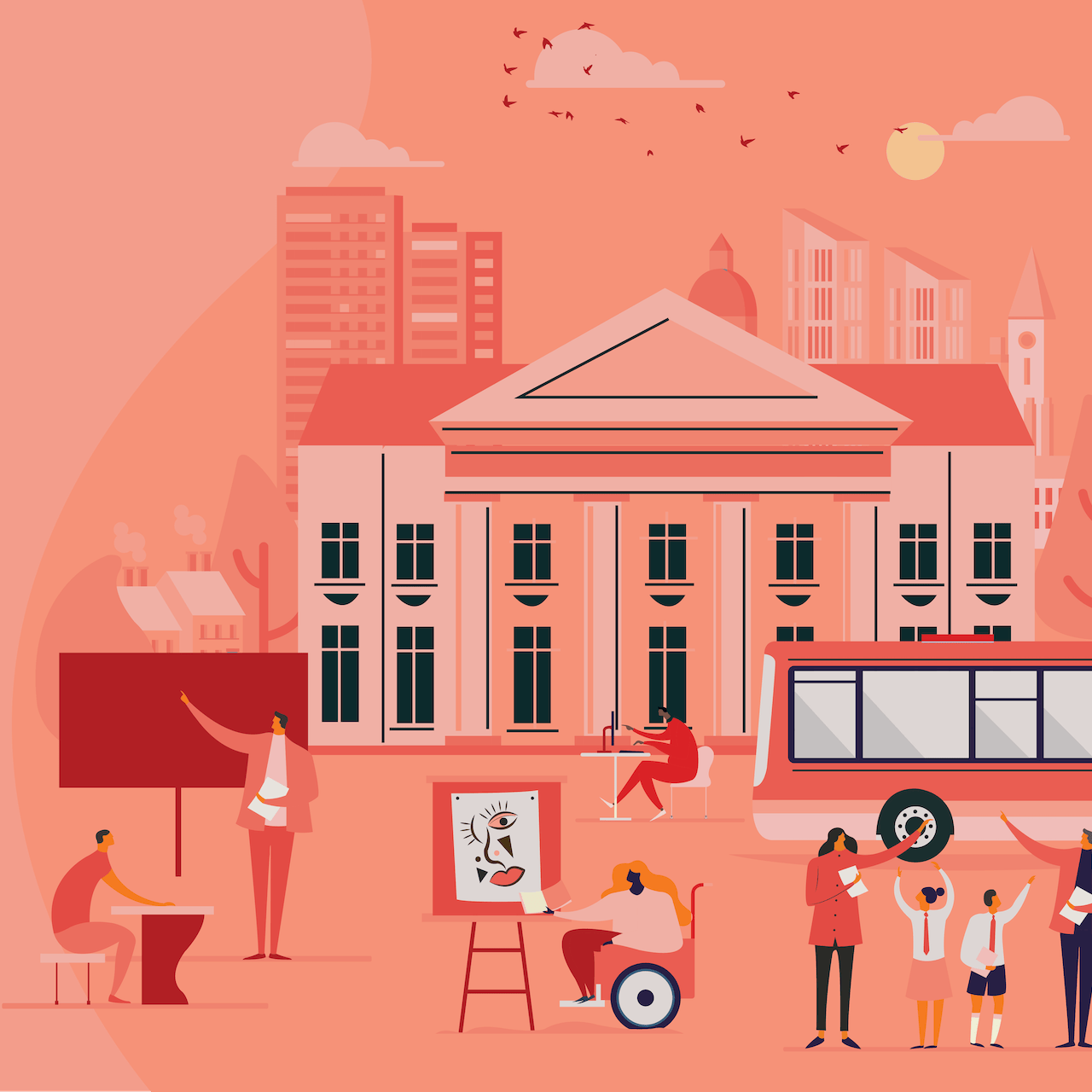 Illustration of people at a school, including a bus, art, and students.