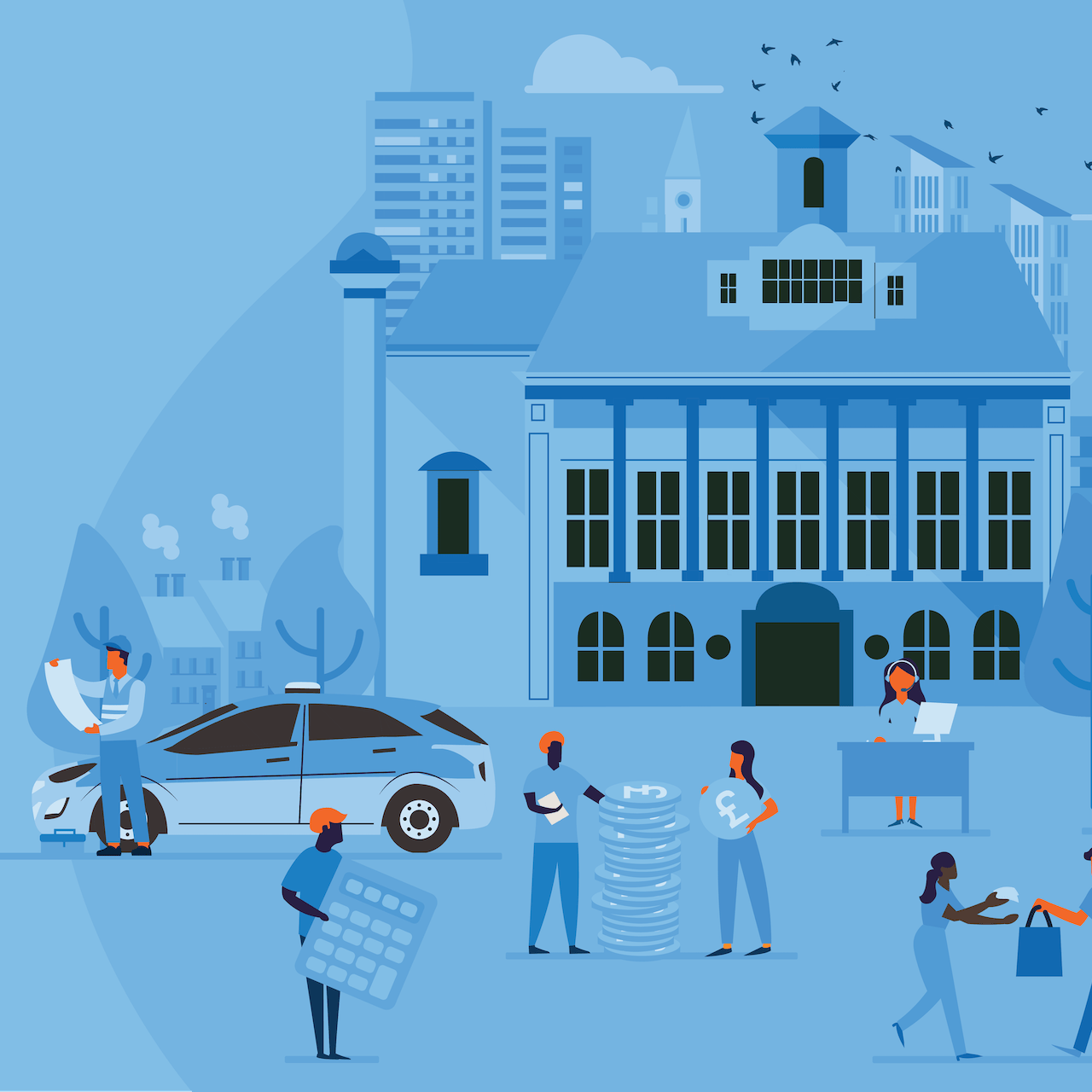 People working in a city with money, cars, and buildings.