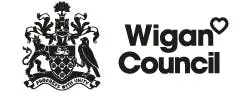 Wigan Council logo with a heart and a crest.