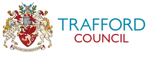 Trafford Council logo, emblem with unicorns and a crest. Blue and red text.