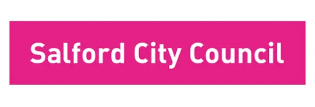 Logo of the Salford City Council, with white text on a pink background.
