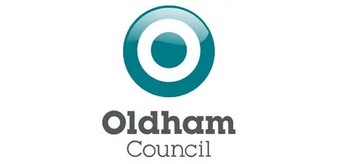 Oldham Council logo with a teal circle target design and text.