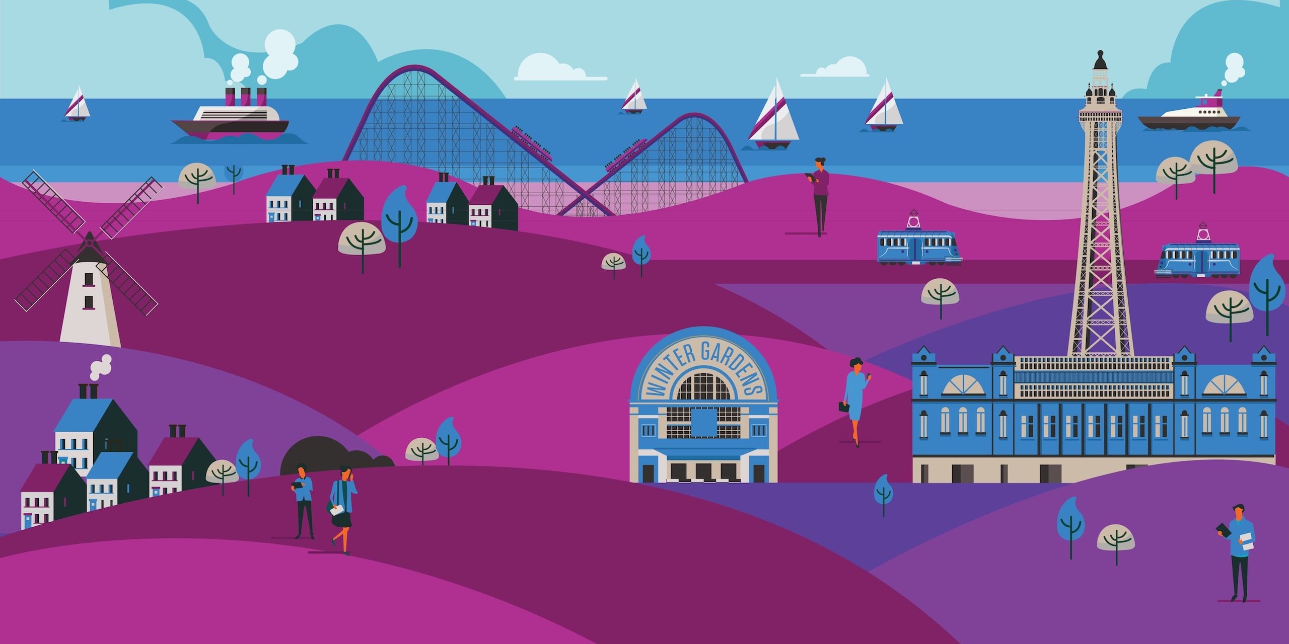 Colorful illustration of Blackpool with iconic landmarks, including the Blackpool Tower and a roller coaster.