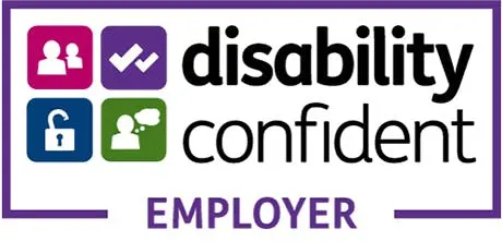 Logo for Disability Confident Employer. Features shapes and text.