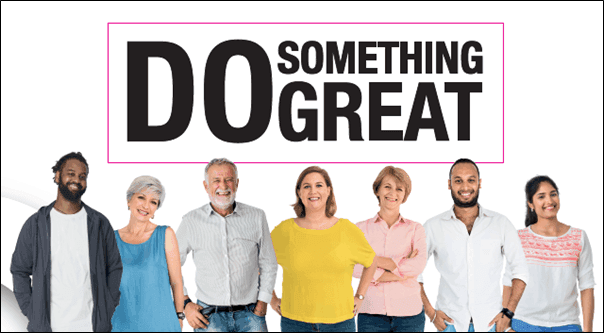 People smiling under the words "Do Something Great."