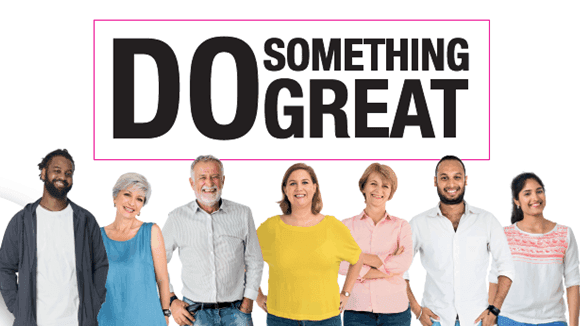 People smiling under the words "Do Something Great."