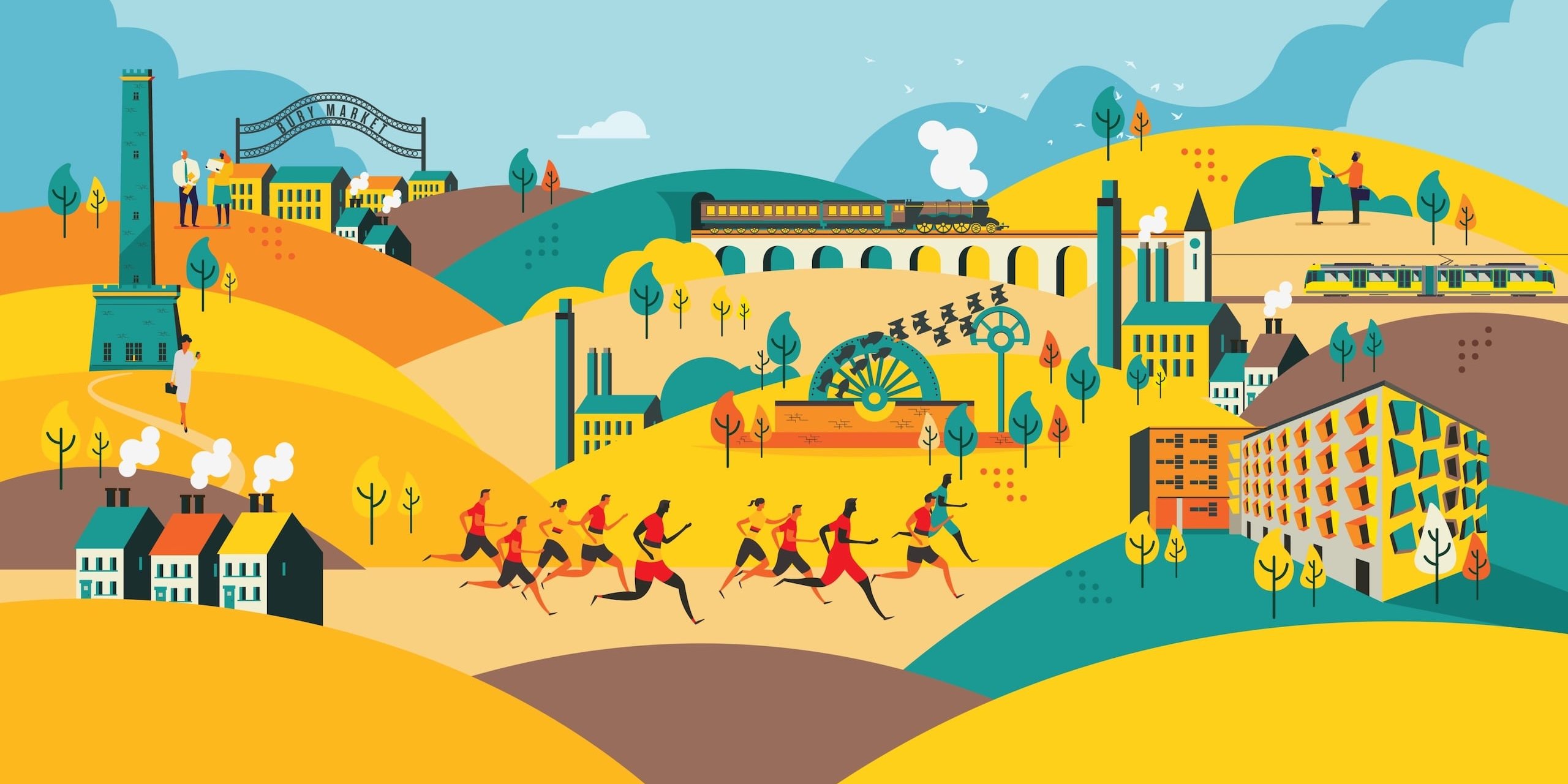 Illustration of a town with runners, train, and buildings.