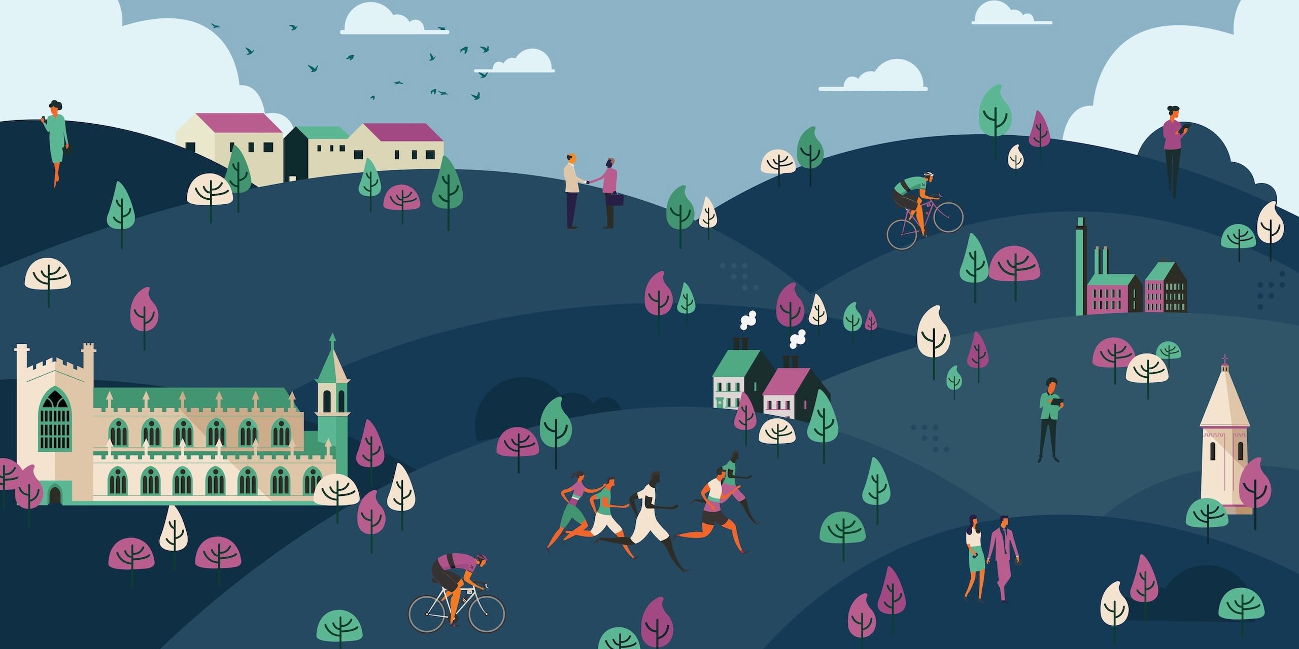 Illustration with people, buildings, trees, and cyclists.