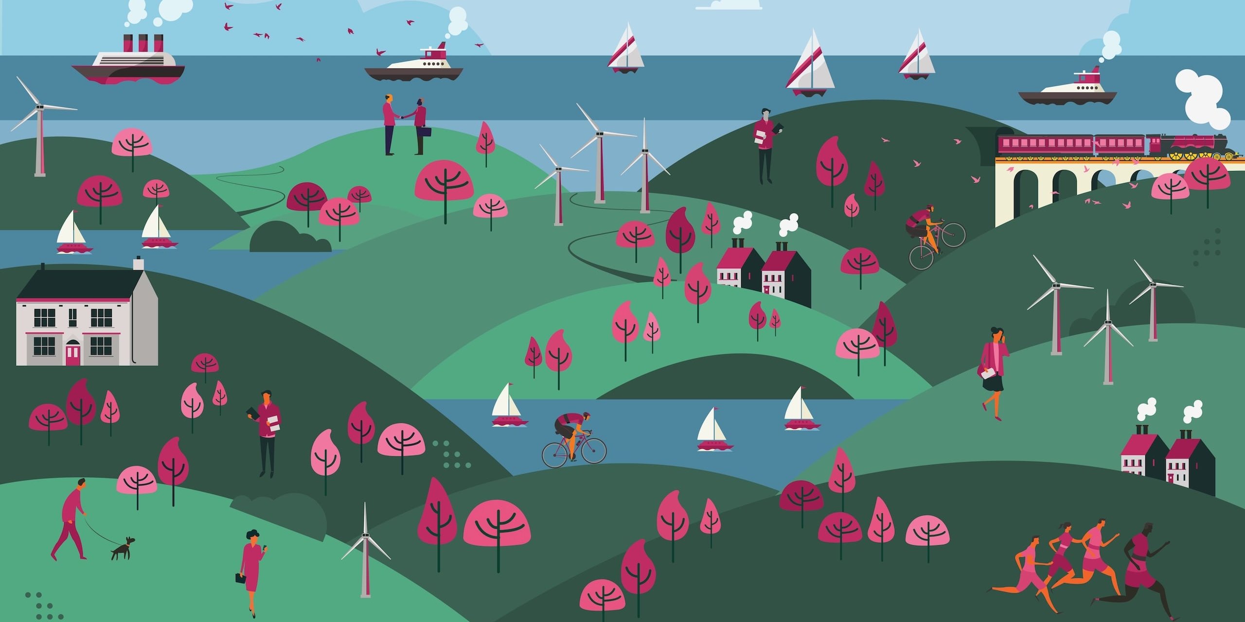 Scenic view with ships, windmills, houses and trees.
