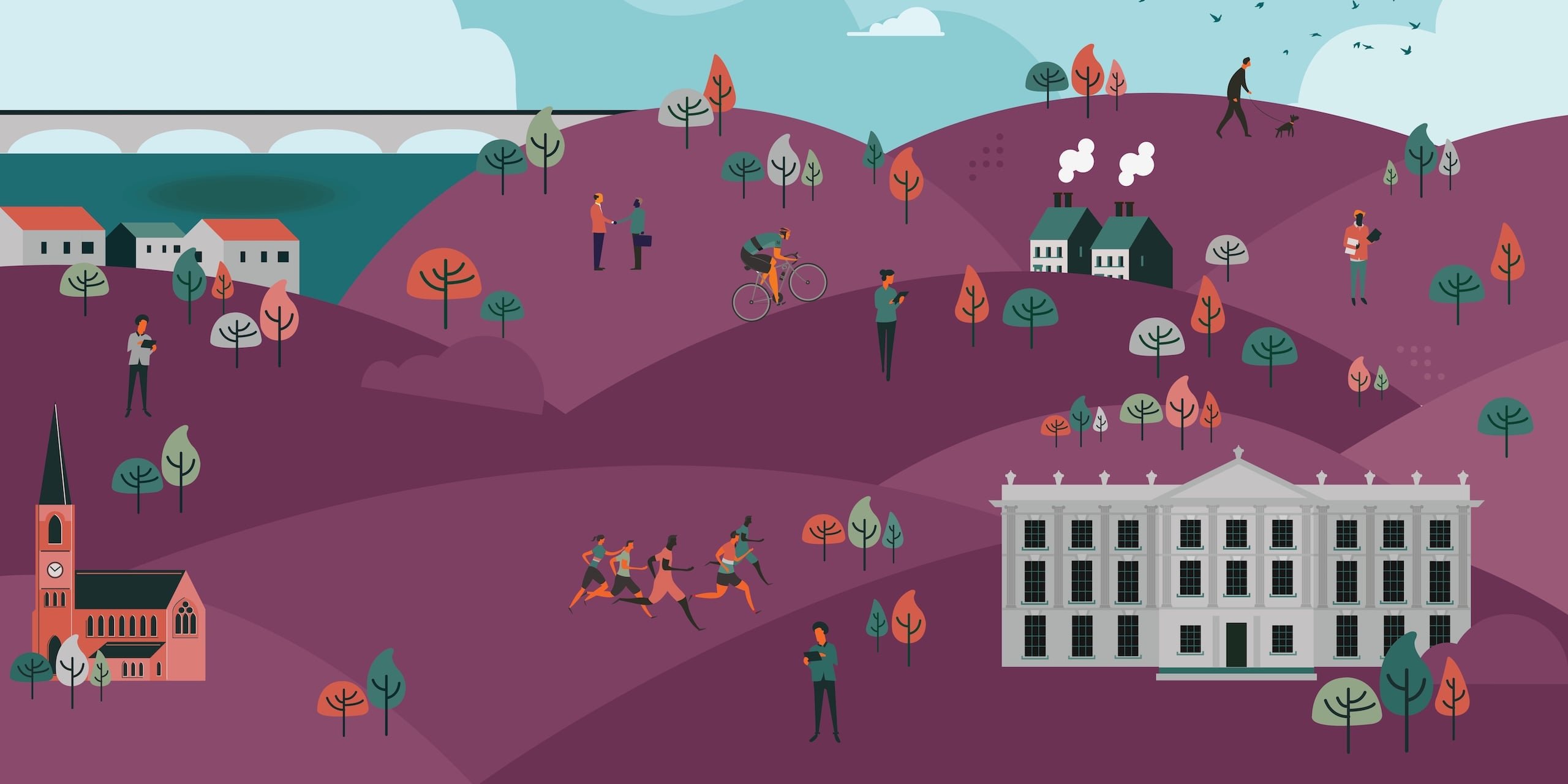 Stylized illustration of buildings, people, and trees.