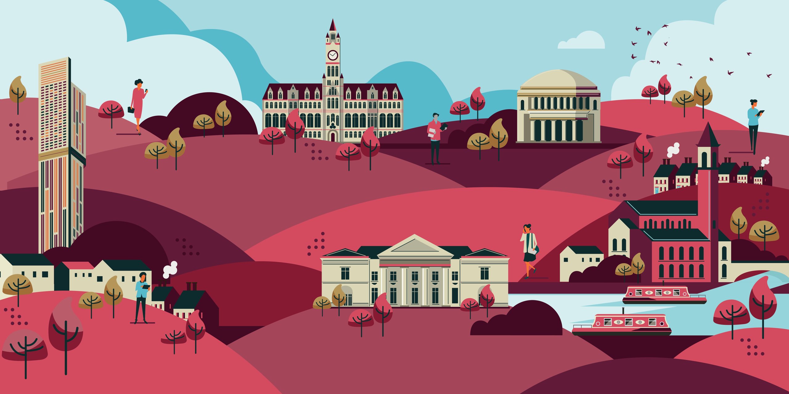 Illustration of the city of Manchester, UK. People, buildings, trees, and water.
