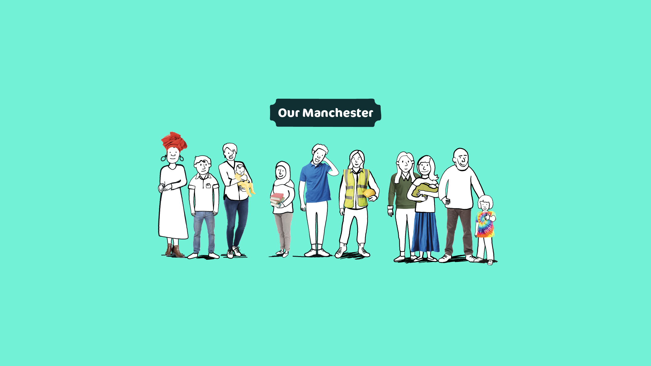 Illustration of diverse people with a green background.