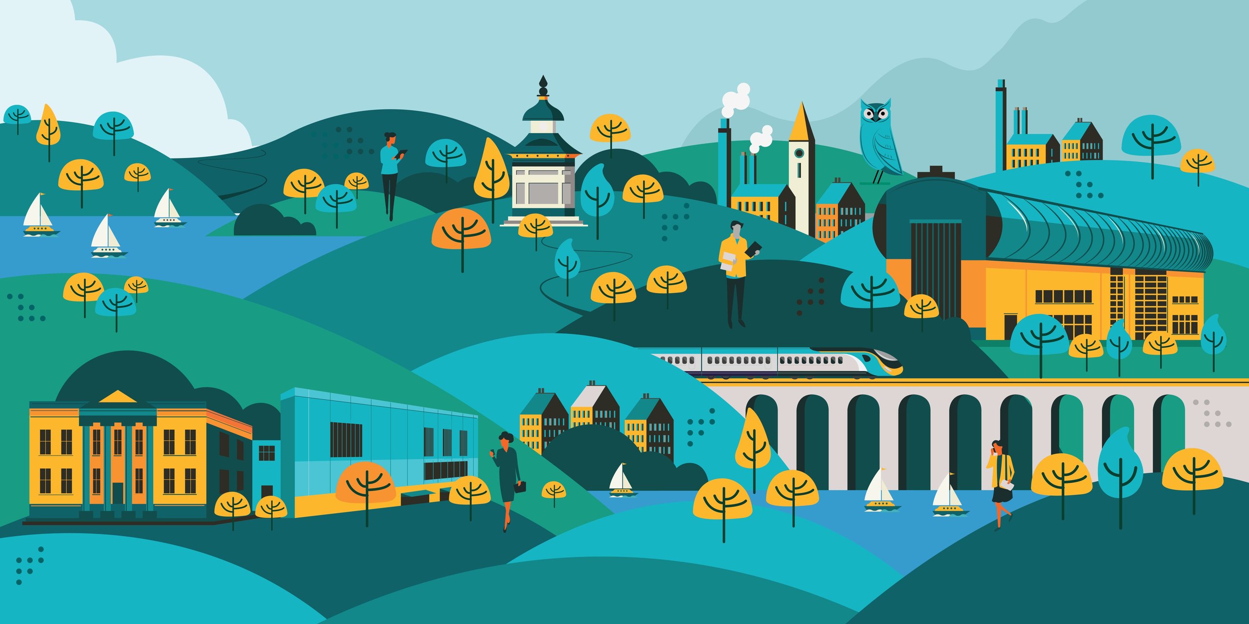 Stylized landscape with boats, train, buildings, and trees.