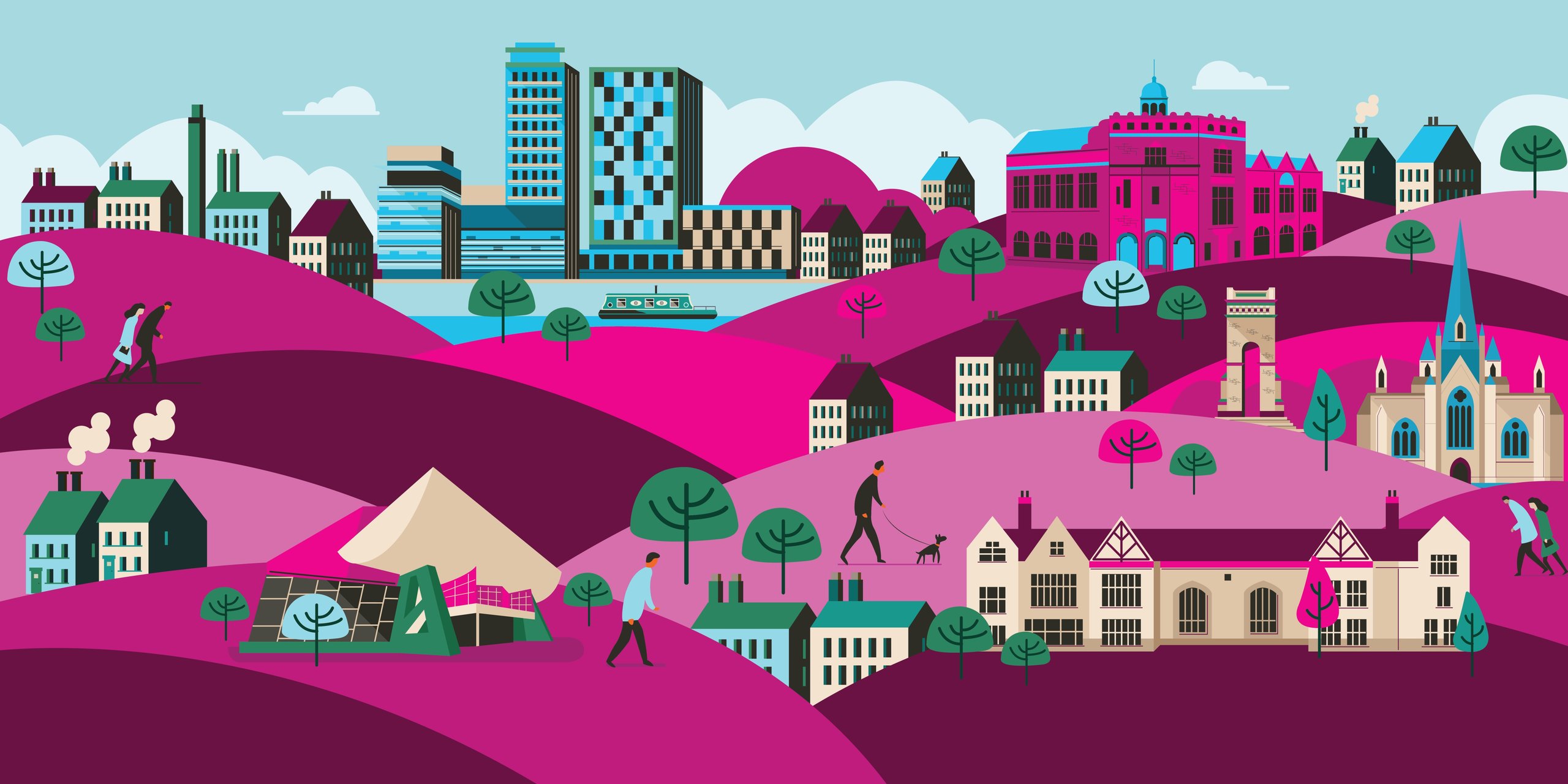 Illustration of Salford featuring buildings and people.