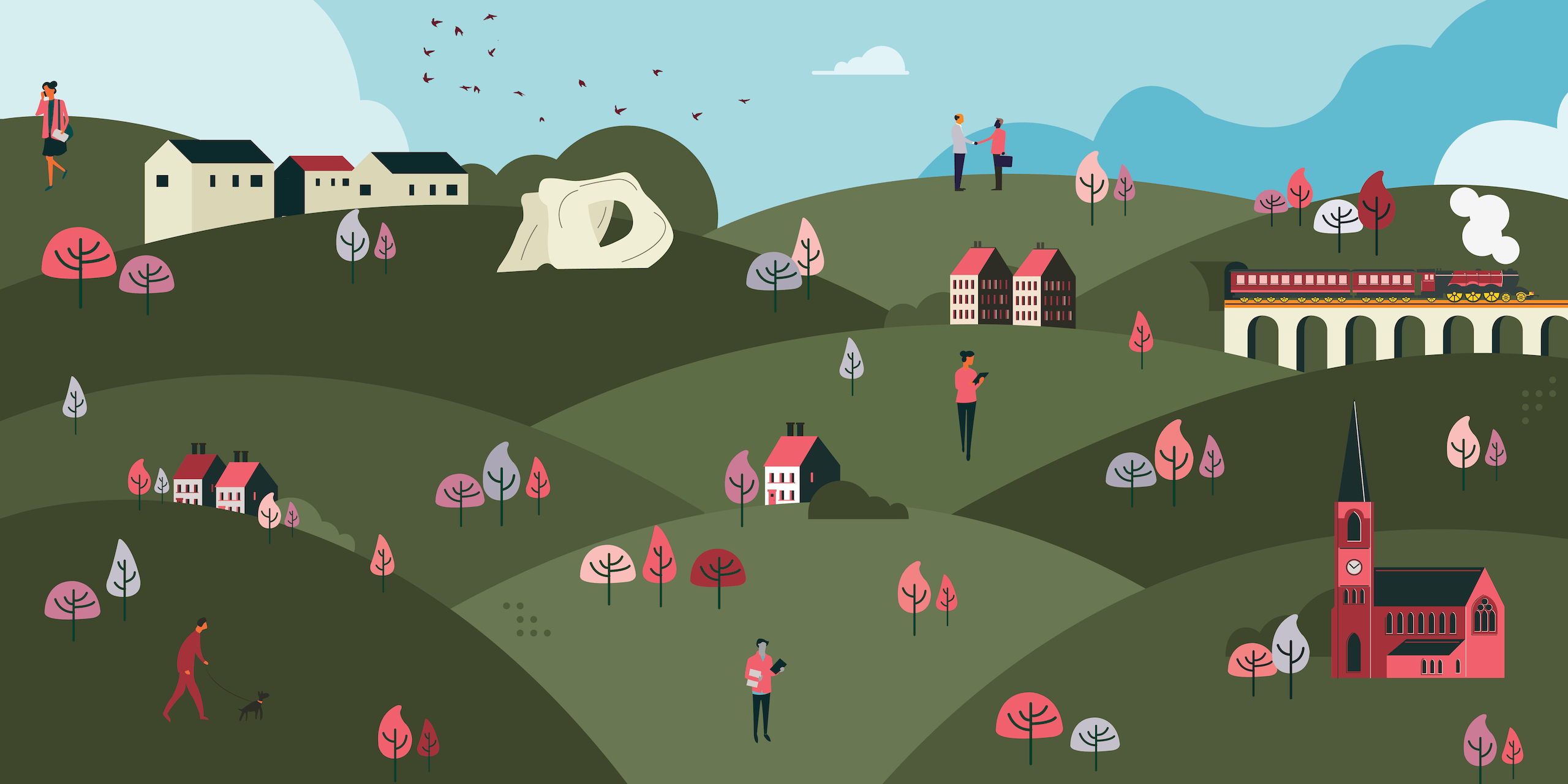 Illustration of a countryside landscape with buildings, trees, and people.