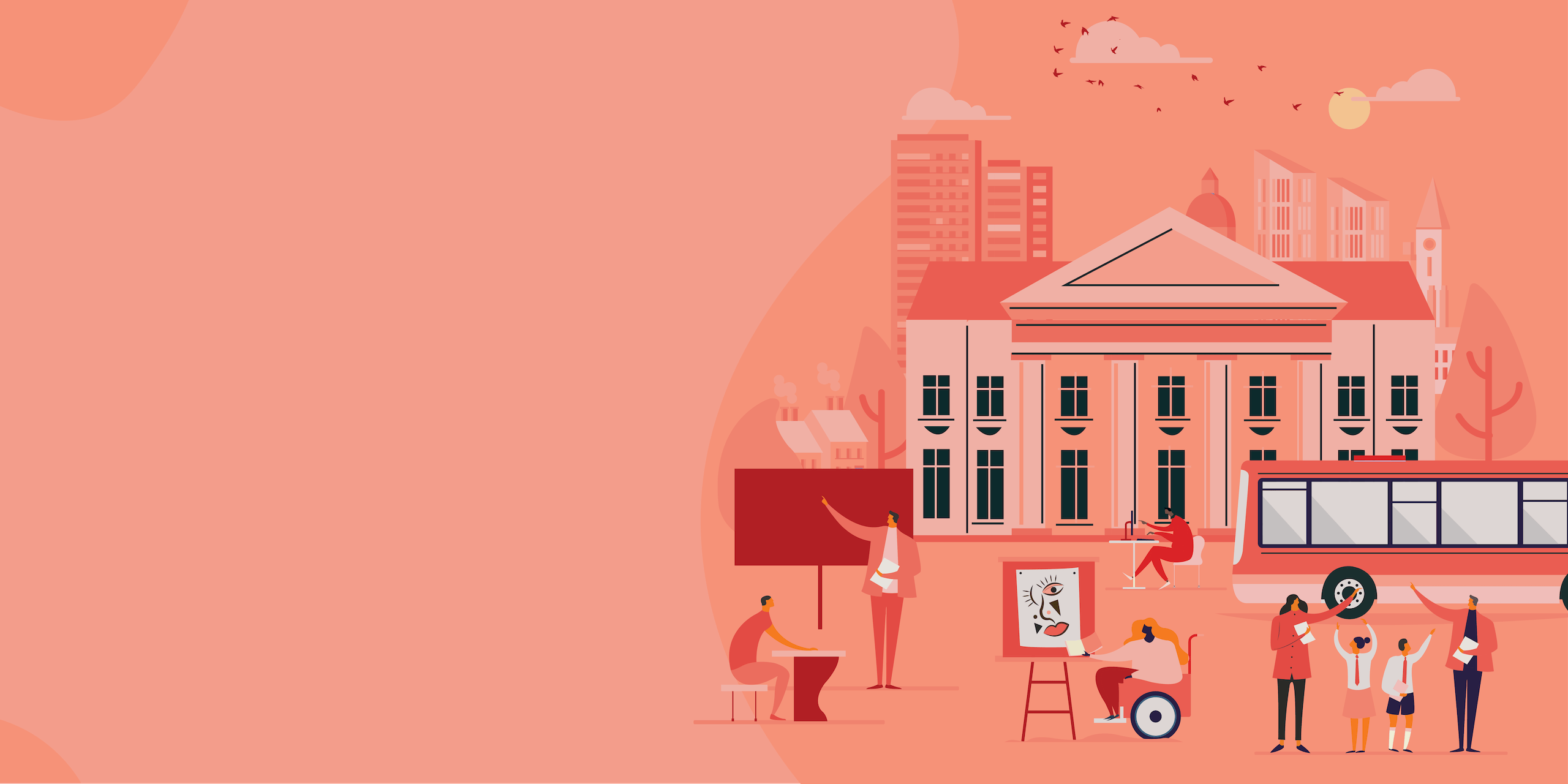 Illustration of a school and students.