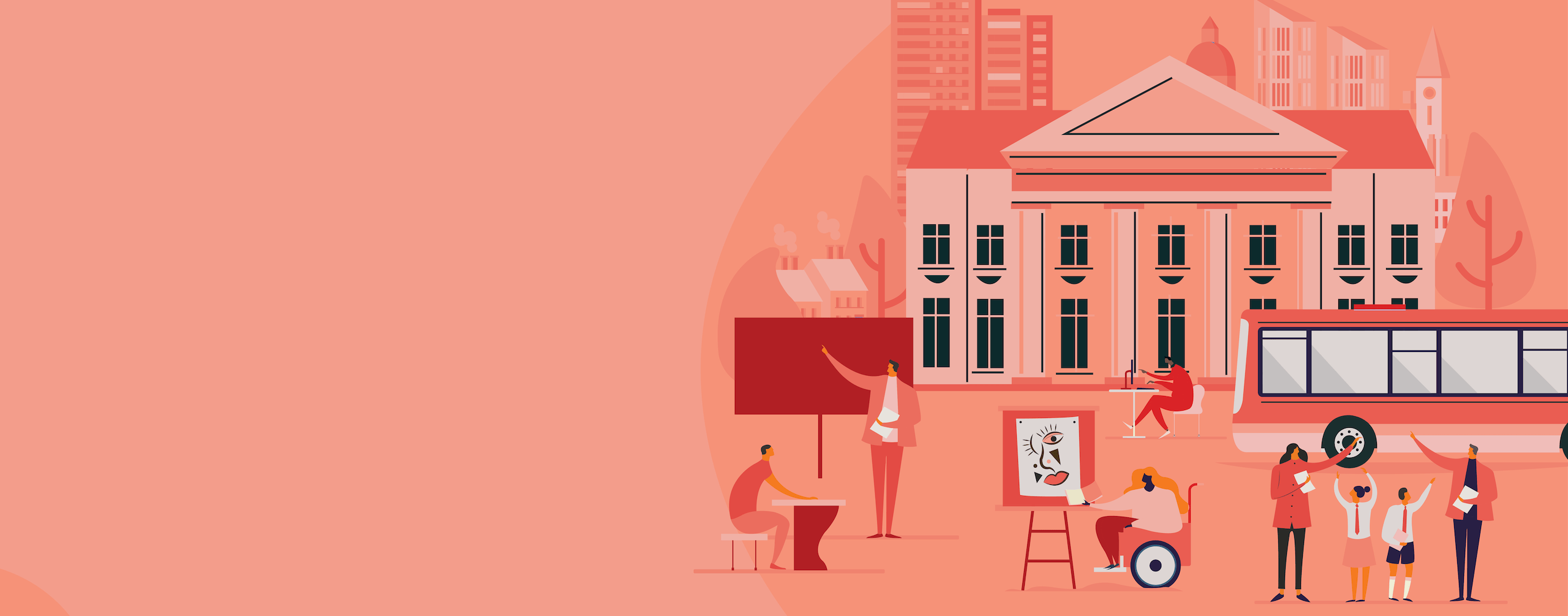 Illustration of a school and students.