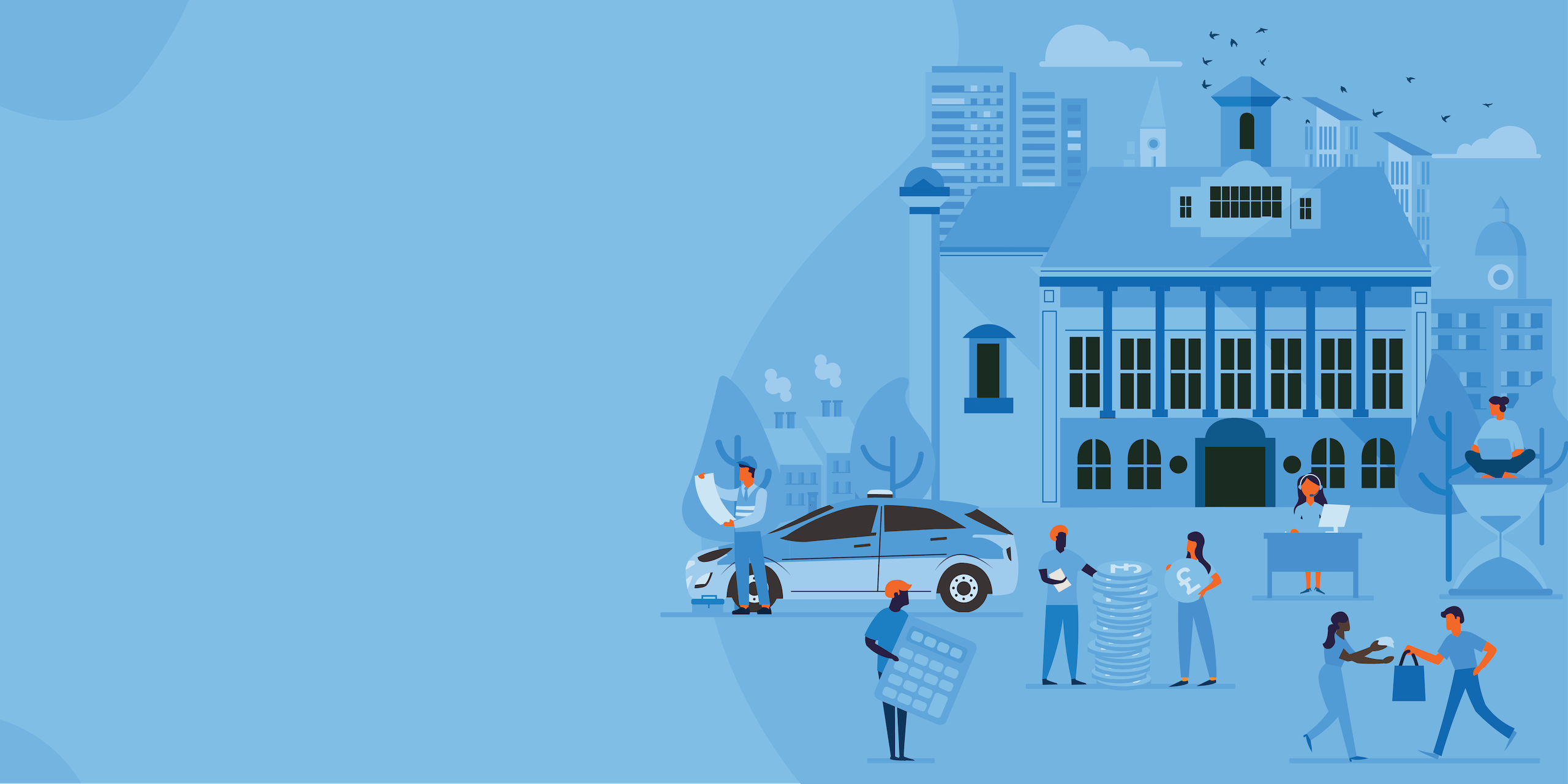 People working in a city with businesses and buildings.