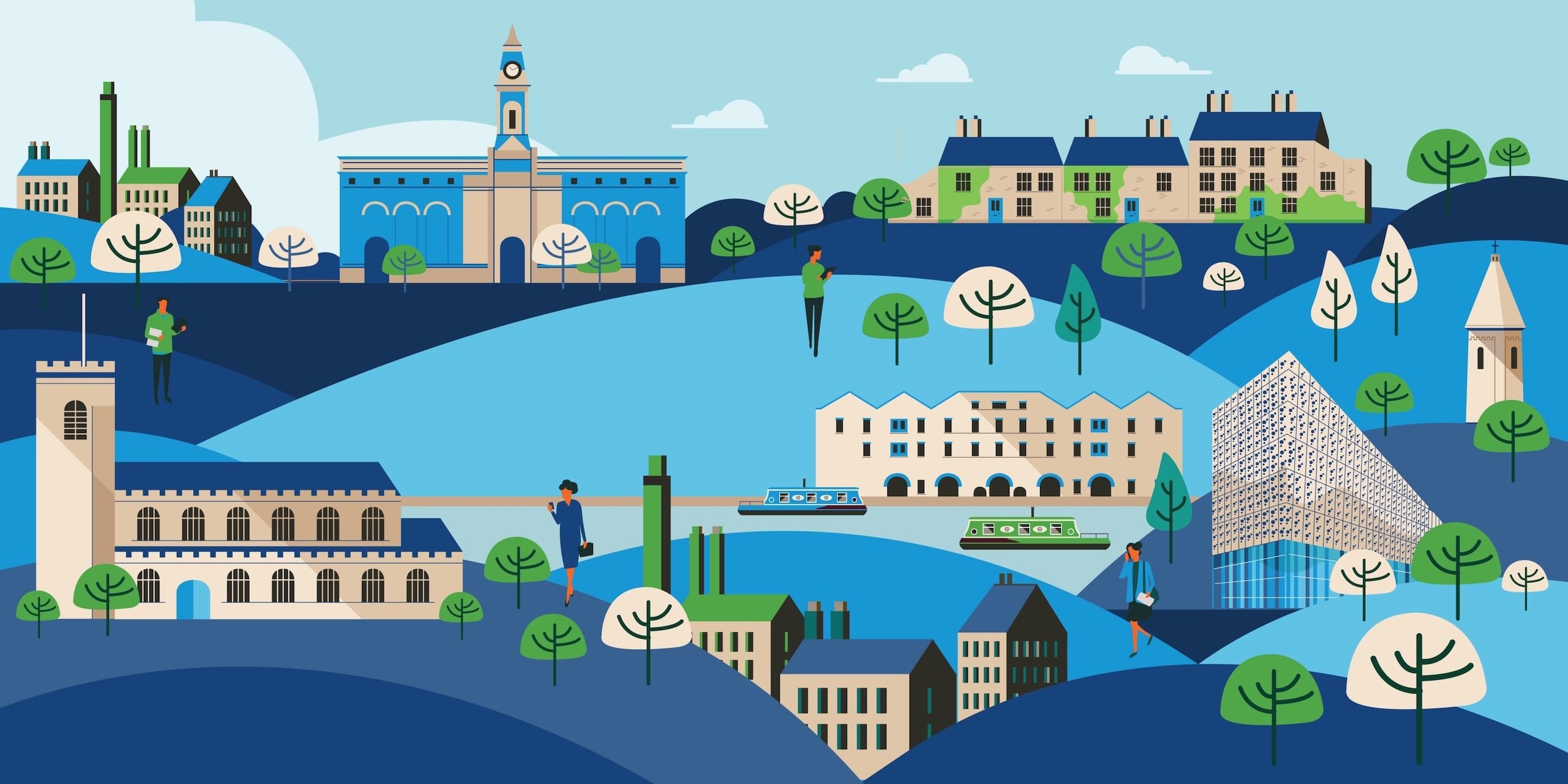 Illustration of buildings, trees, and people. Blue, green, and cream colors are used.