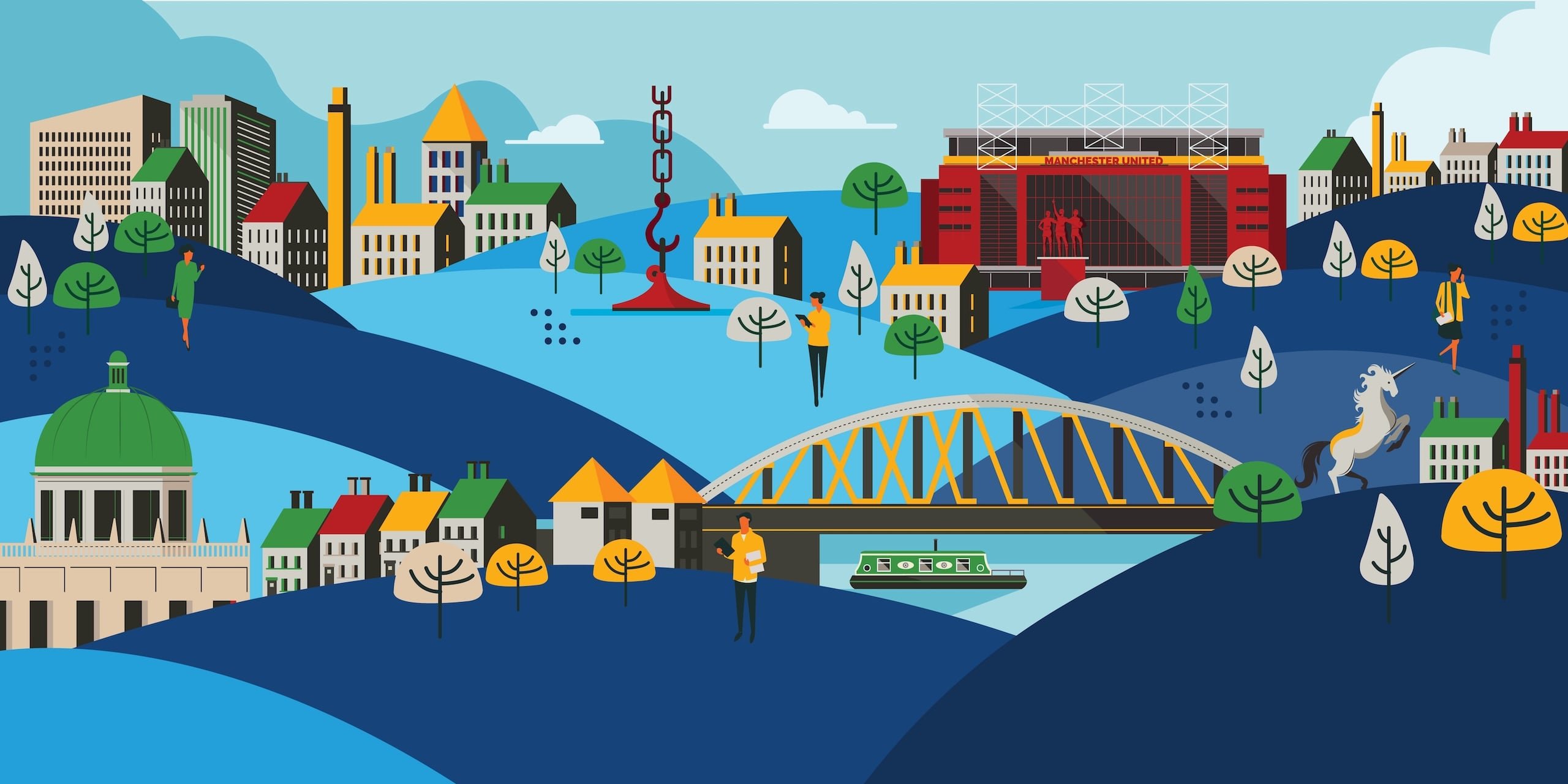 Colorful illustration of a cityscape with buildings, trees, bridge, and people.
