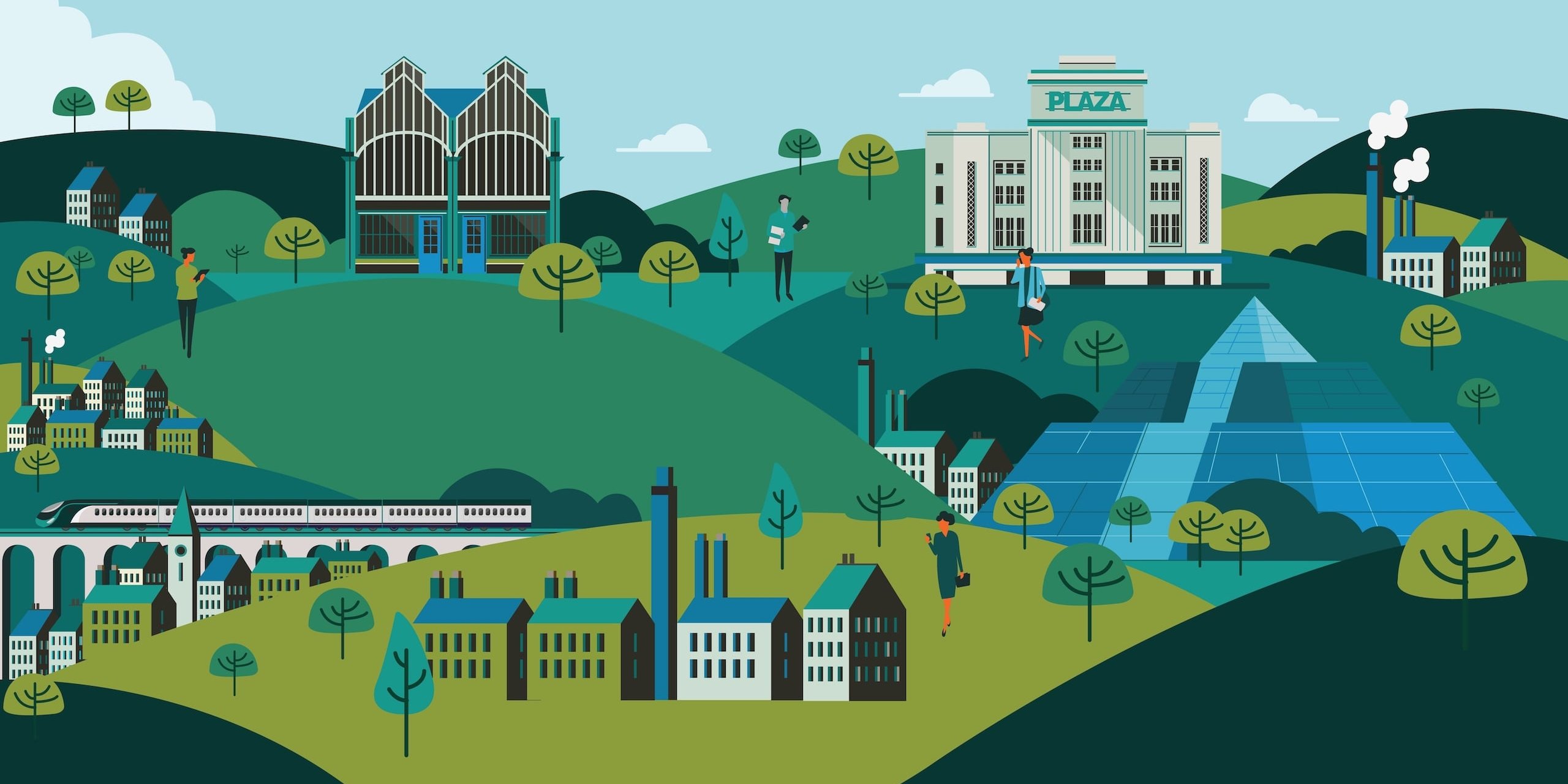Illustration of a city, trees, and buildings.