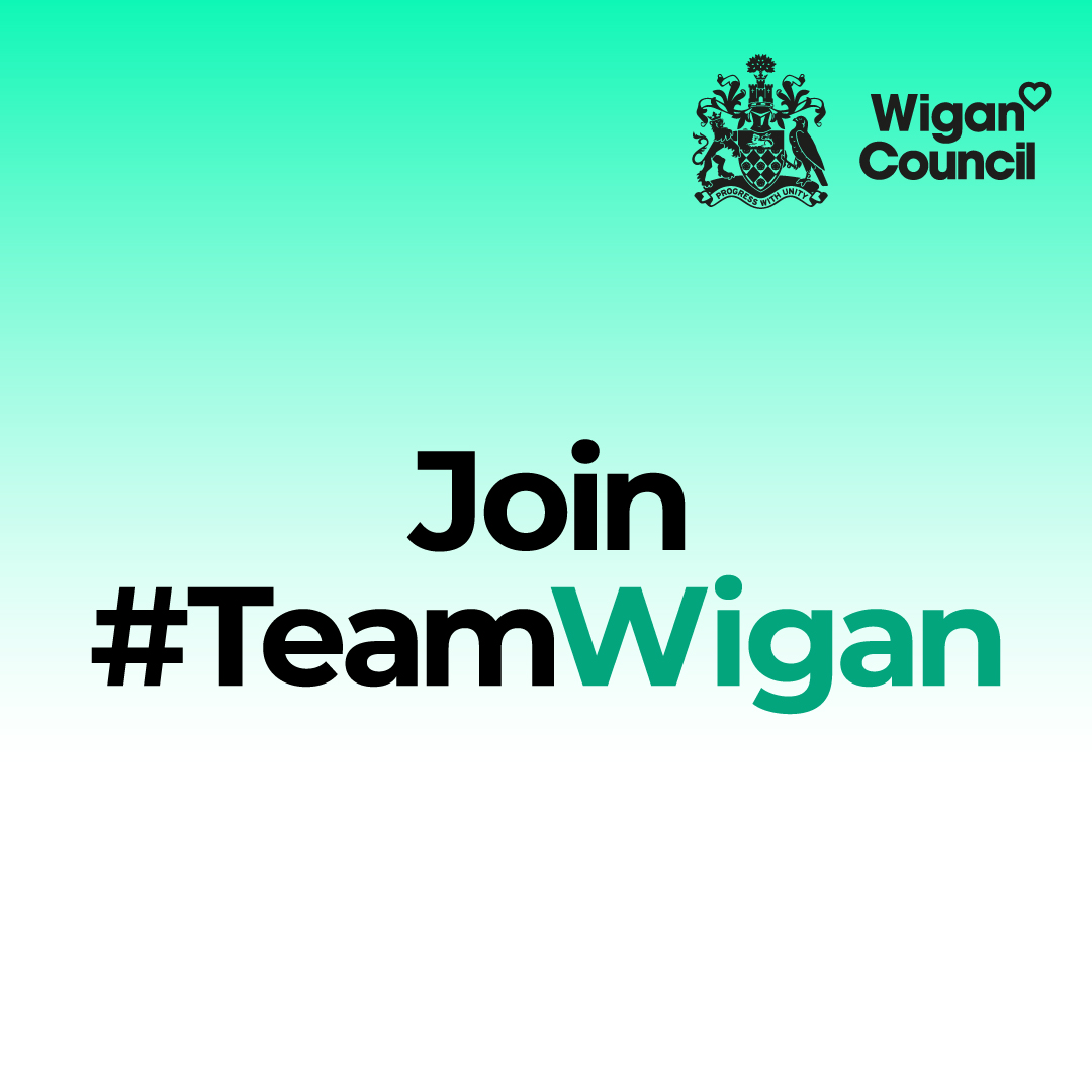 Join #TeamWigan, Wigan Council logo, and gradient background.