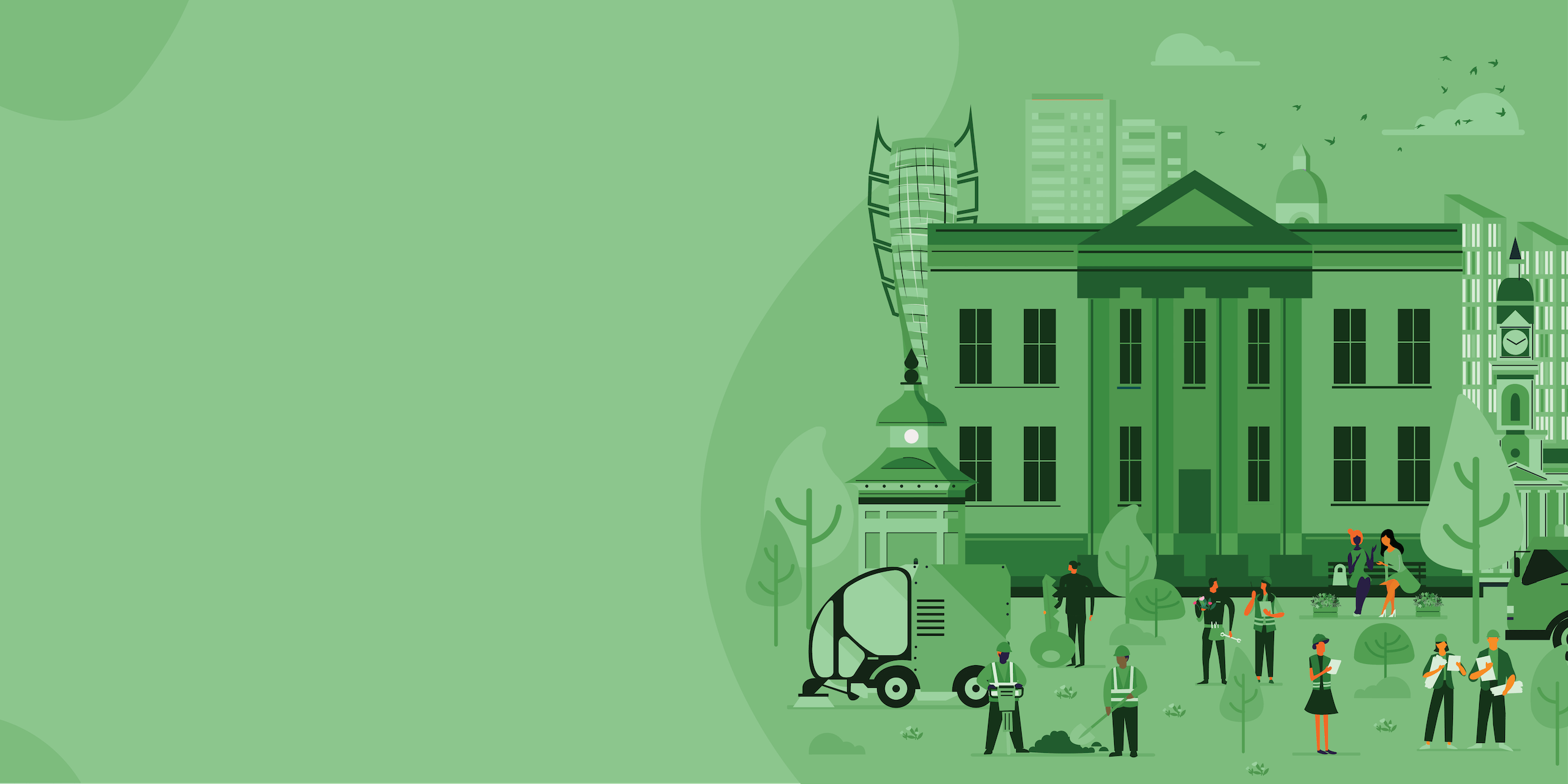 A green illustration of a city with buildings and people.