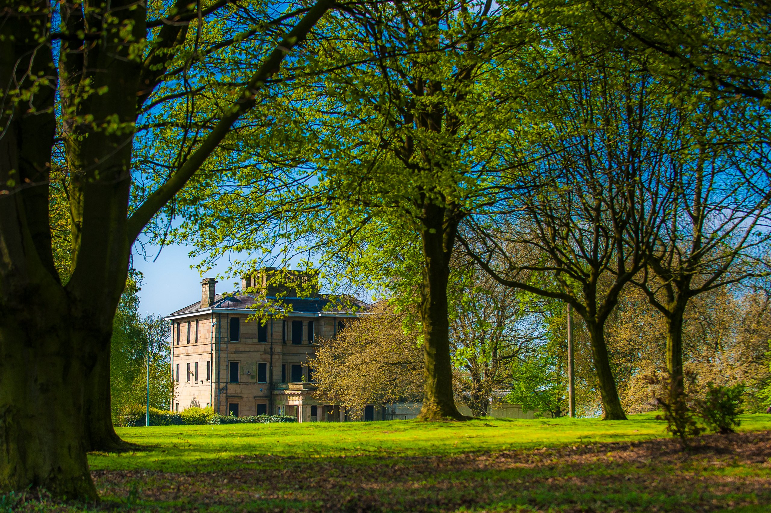 A building surrounded by trees in a park.