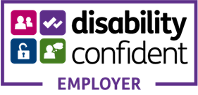 Logo with the words "disability confident" and "employer."